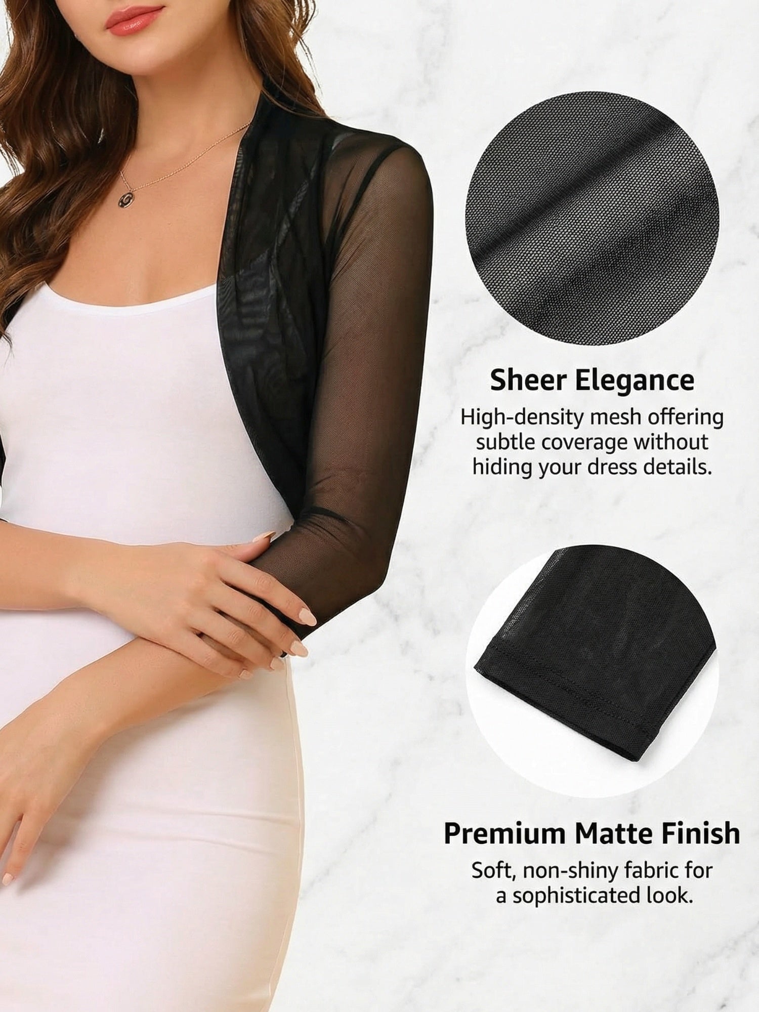 Semi Sheer Mesh Elegant 3/4 Sleeve Stretchy Cropped Bolero Shrugs