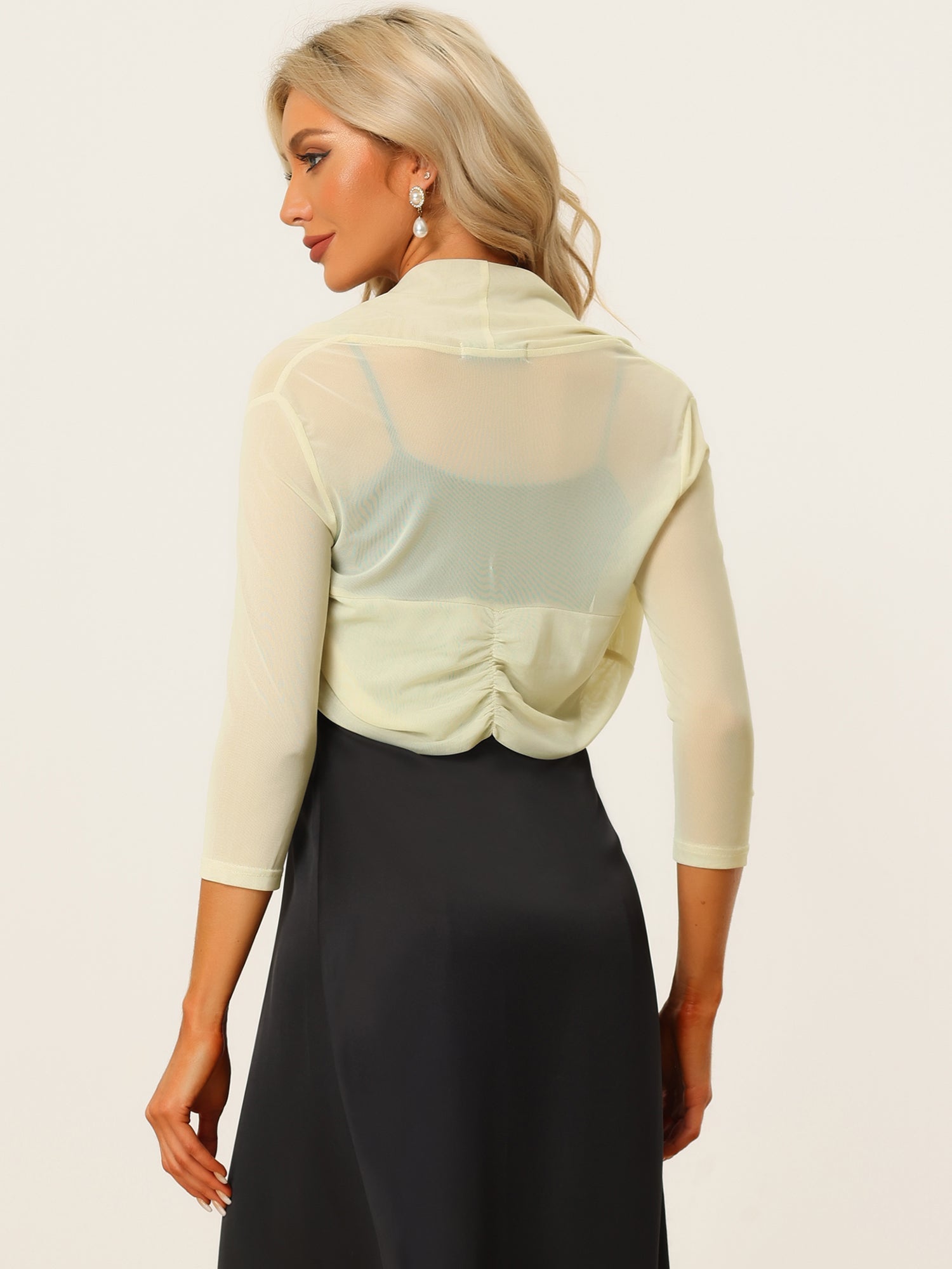Semi Sheer Mesh Elegant 3/4 Sleeve Stretchy Cropped Bolero Shrugs