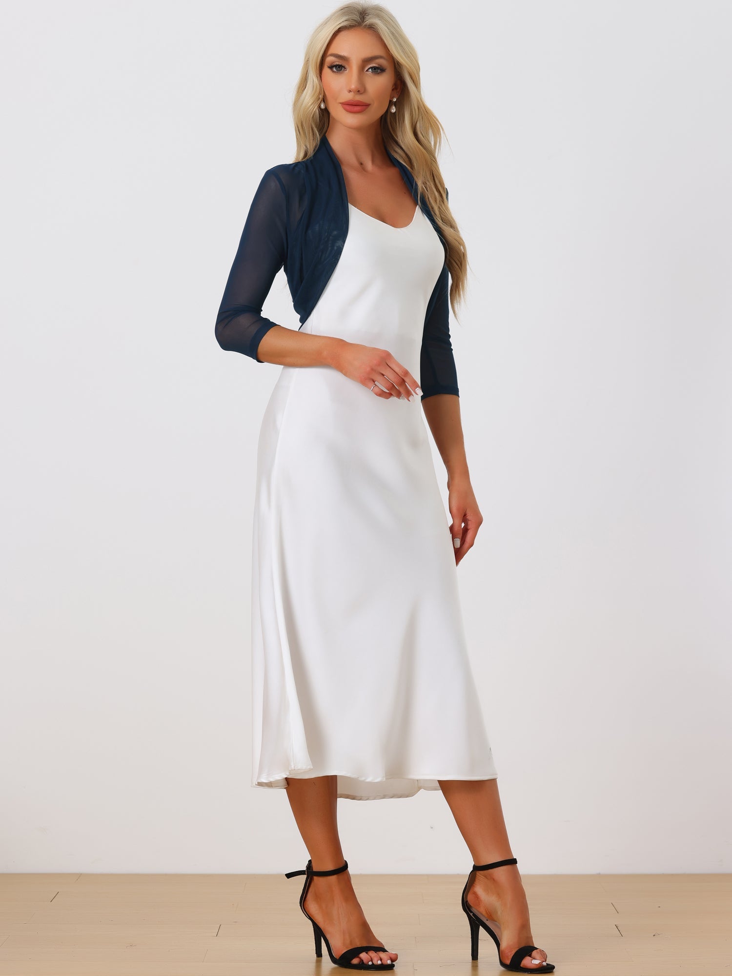 Semi Sheer Mesh Elegant 3/4 Sleeve Stretchy Cropped Bolero Shrugs