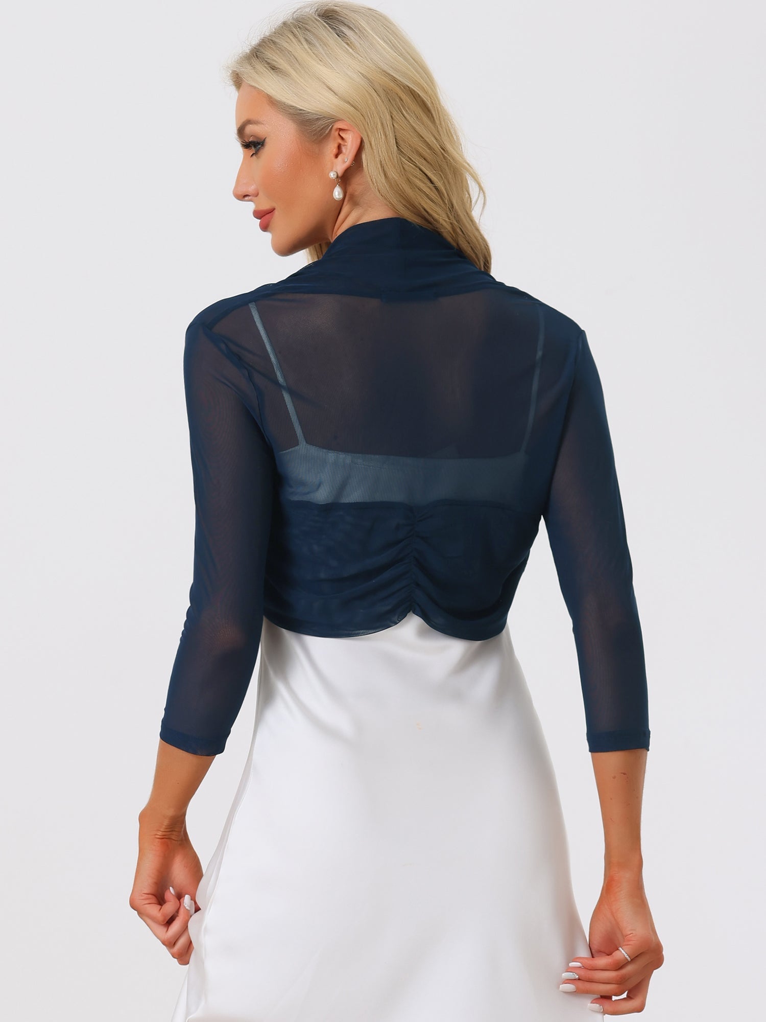 Semi Sheer Mesh Elegant 3/4 Sleeve Stretchy Cropped Bolero Shrugs