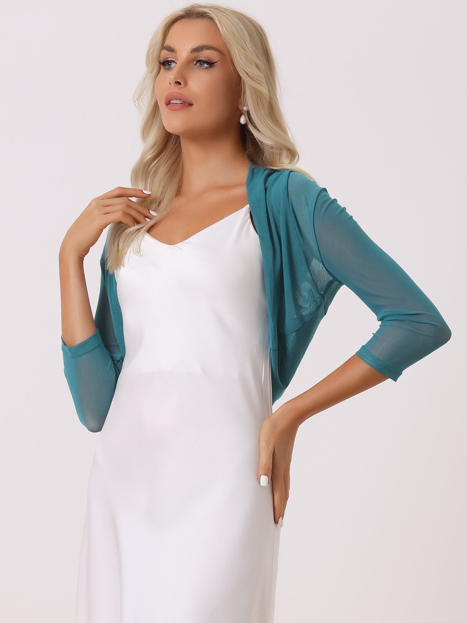 Semi Sheer Mesh Elegant 3/4 Sleeve Stretchy Cropped Bolero Shrugs