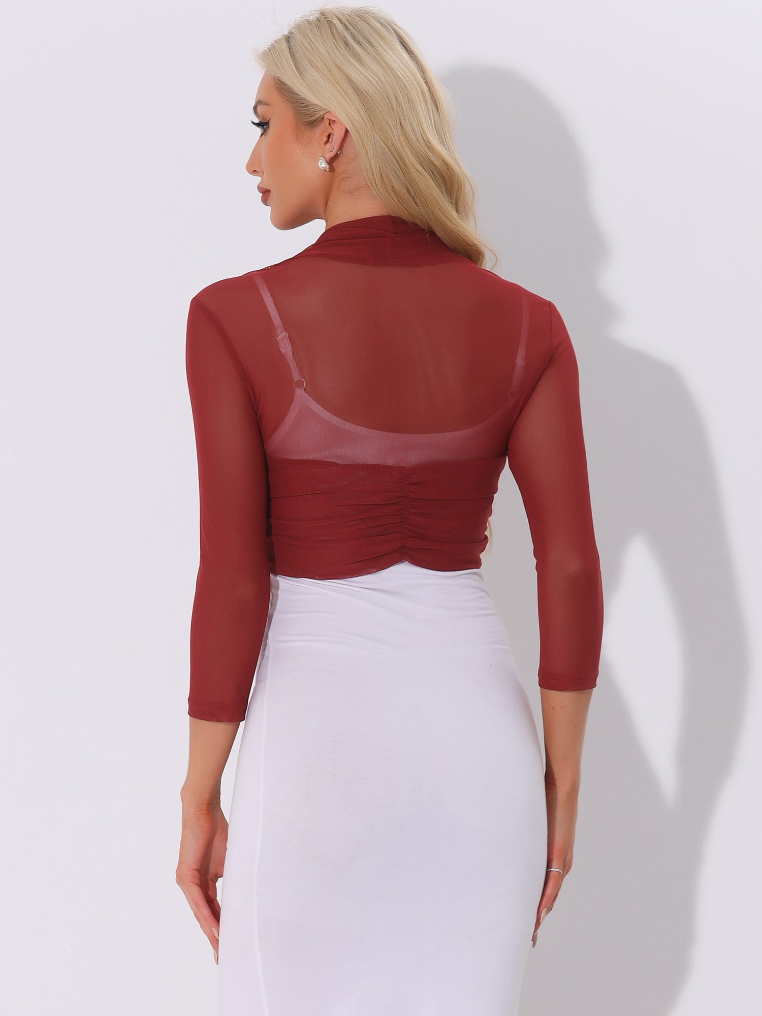 Semi Sheer Mesh Elegant 3/4 Sleeve Stretchy Cropped Bolero Shrugs