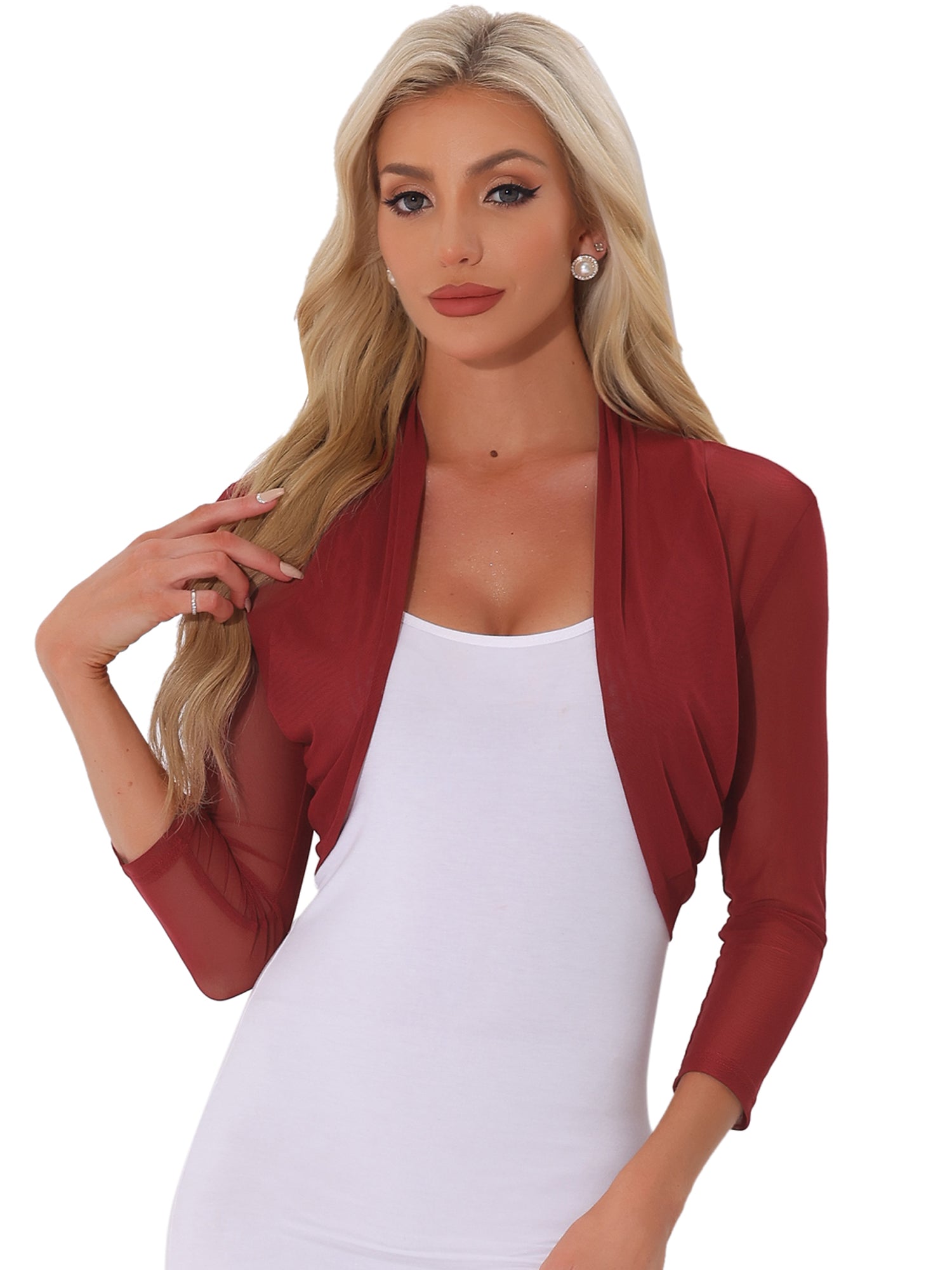 Semi Sheer Mesh Elegant 3/4 Sleeve Stretchy Cropped Bolero Shrugs