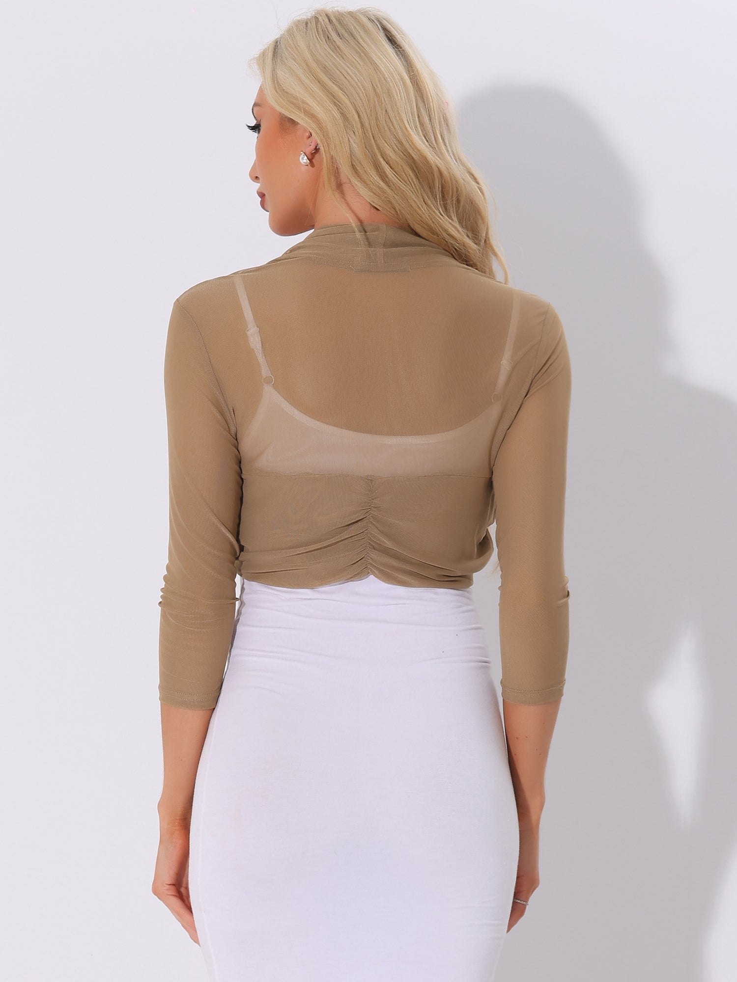 Semi Sheer Mesh Elegant 3/4 Sleeve Stretchy Cropped Bolero Shrugs