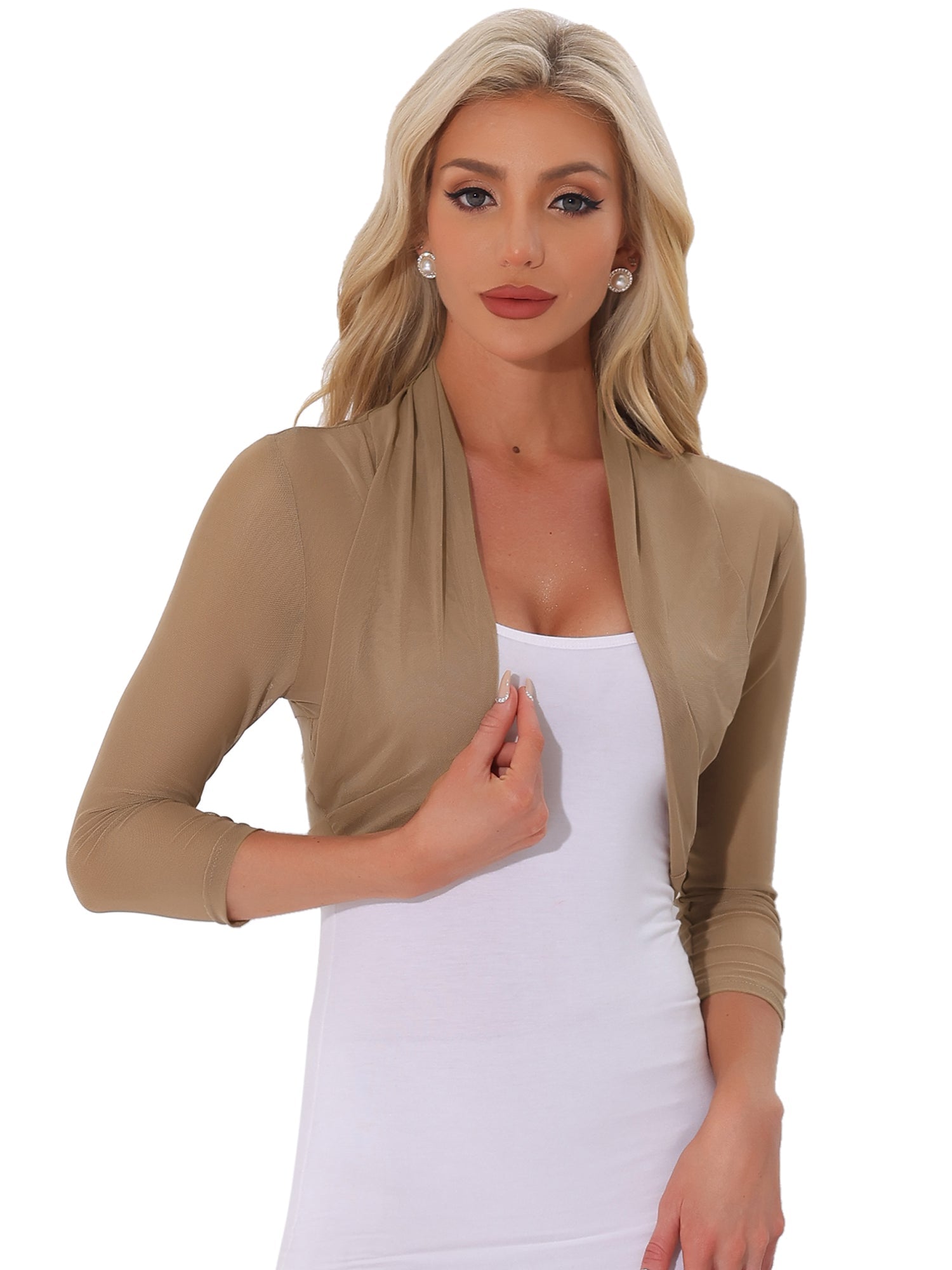 Semi Sheer Mesh Elegant 3/4 Sleeve Stretchy Cropped Bolero Shrugs
