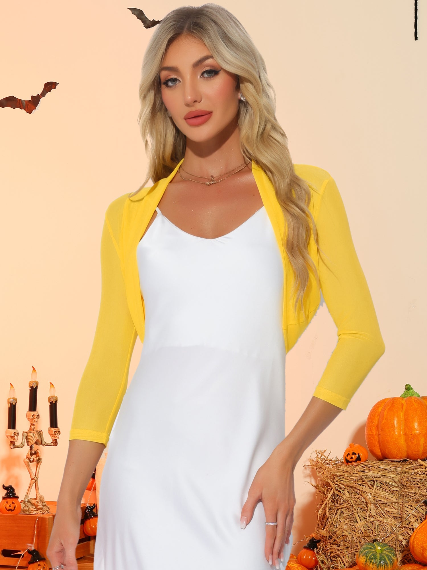 Semi Sheer Mesh Elegant 3/4 Sleeve Stretchy Cropped Bolero Shrugs