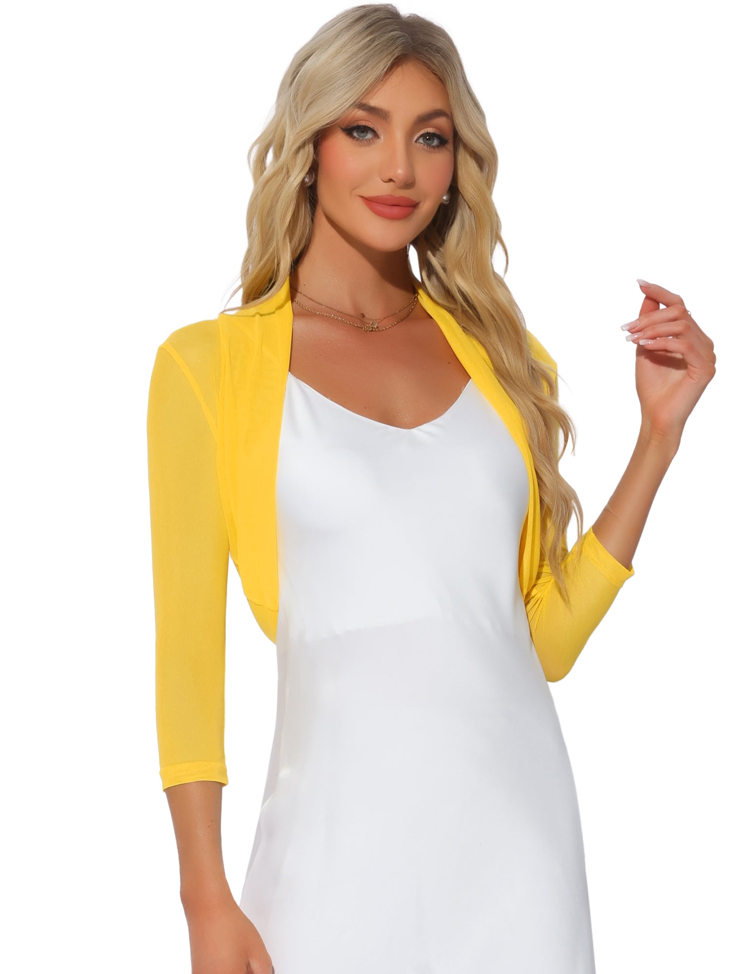 Semi Sheer Mesh Elegant 3/4 Sleeve Stretchy Cropped Bolero Shrugs