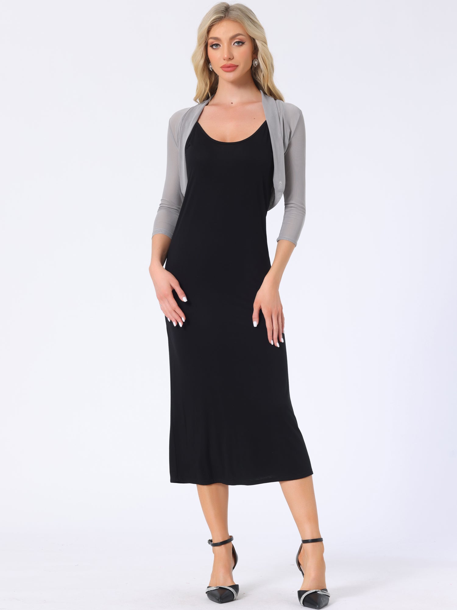 Semi Sheer Mesh Elegant 3/4 Sleeve Stretchy Cropped Bolero Shrugs