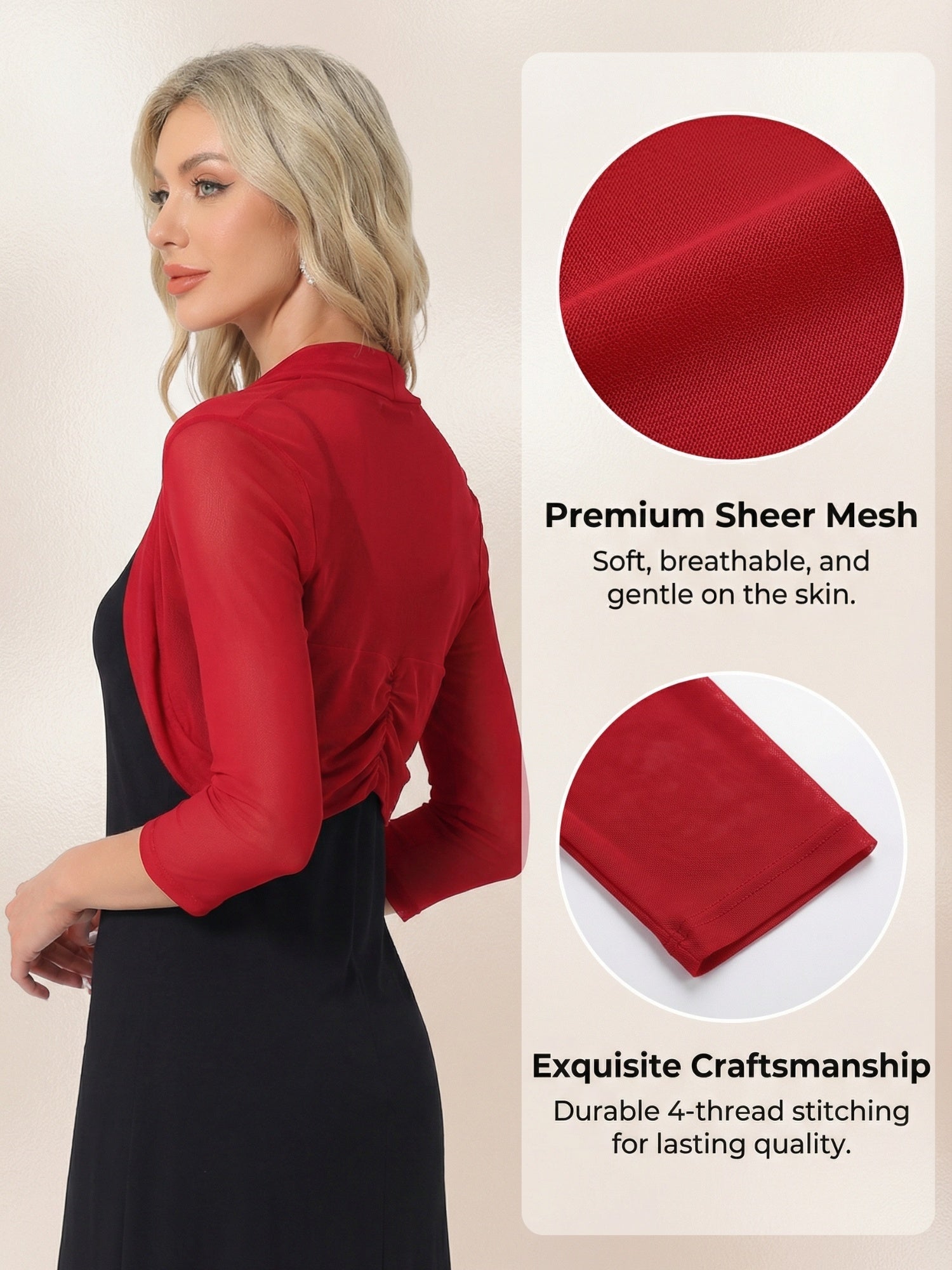 Semi Sheer Mesh Elegant 3/4 Sleeve Stretchy Cropped Bolero Shrugs