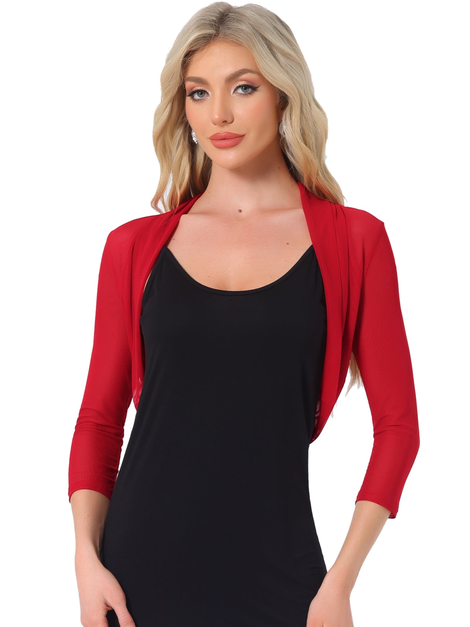 Semi Sheer Mesh Elegant 3/4 Sleeve Stretchy Cropped Bolero Shrugs