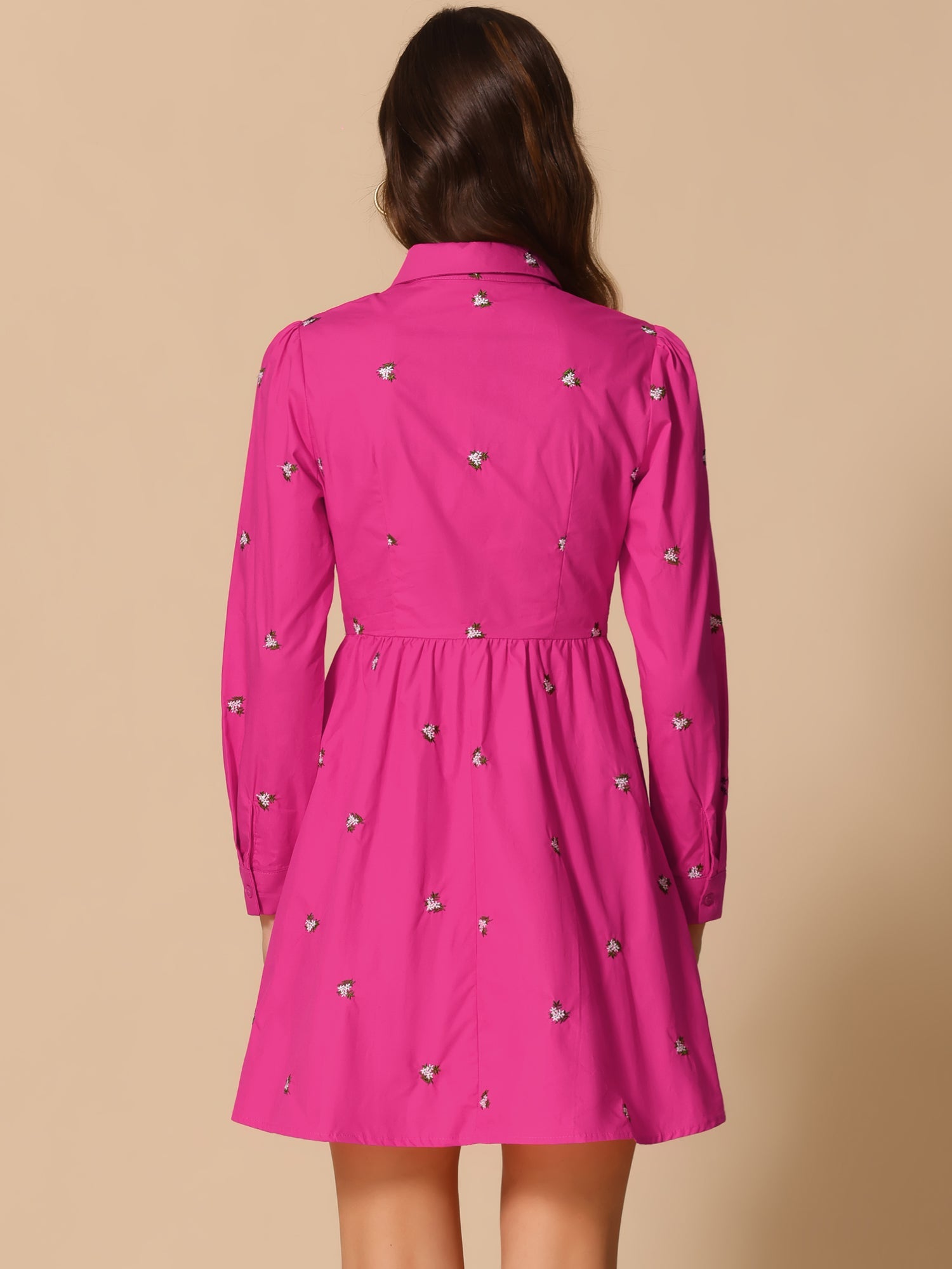 Casual Long Sleeve Half Placket Embroidered Floral Mini Shirt Dress