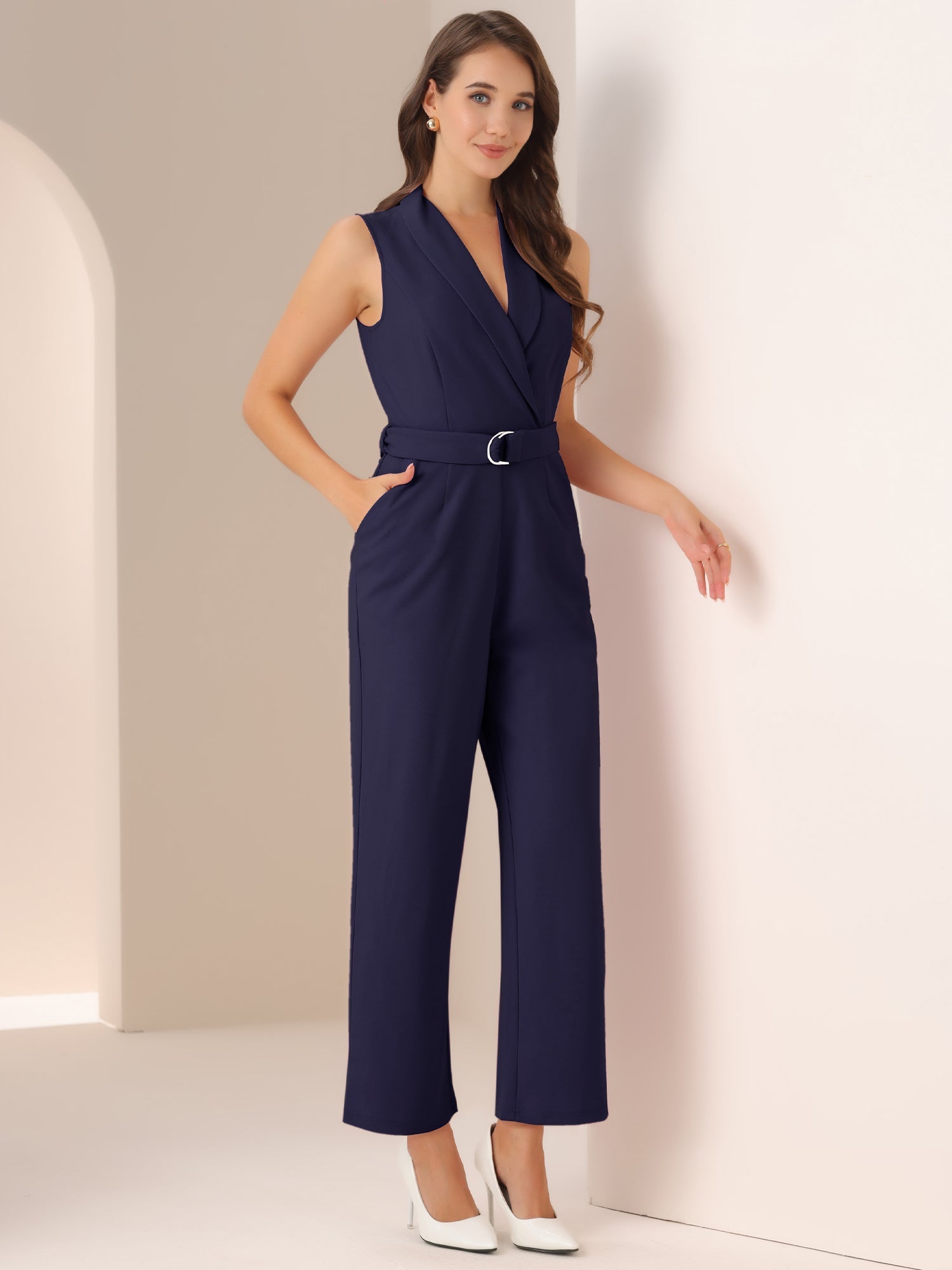 Elegant Office Work Sleeveless Belted Long Jumpsuit