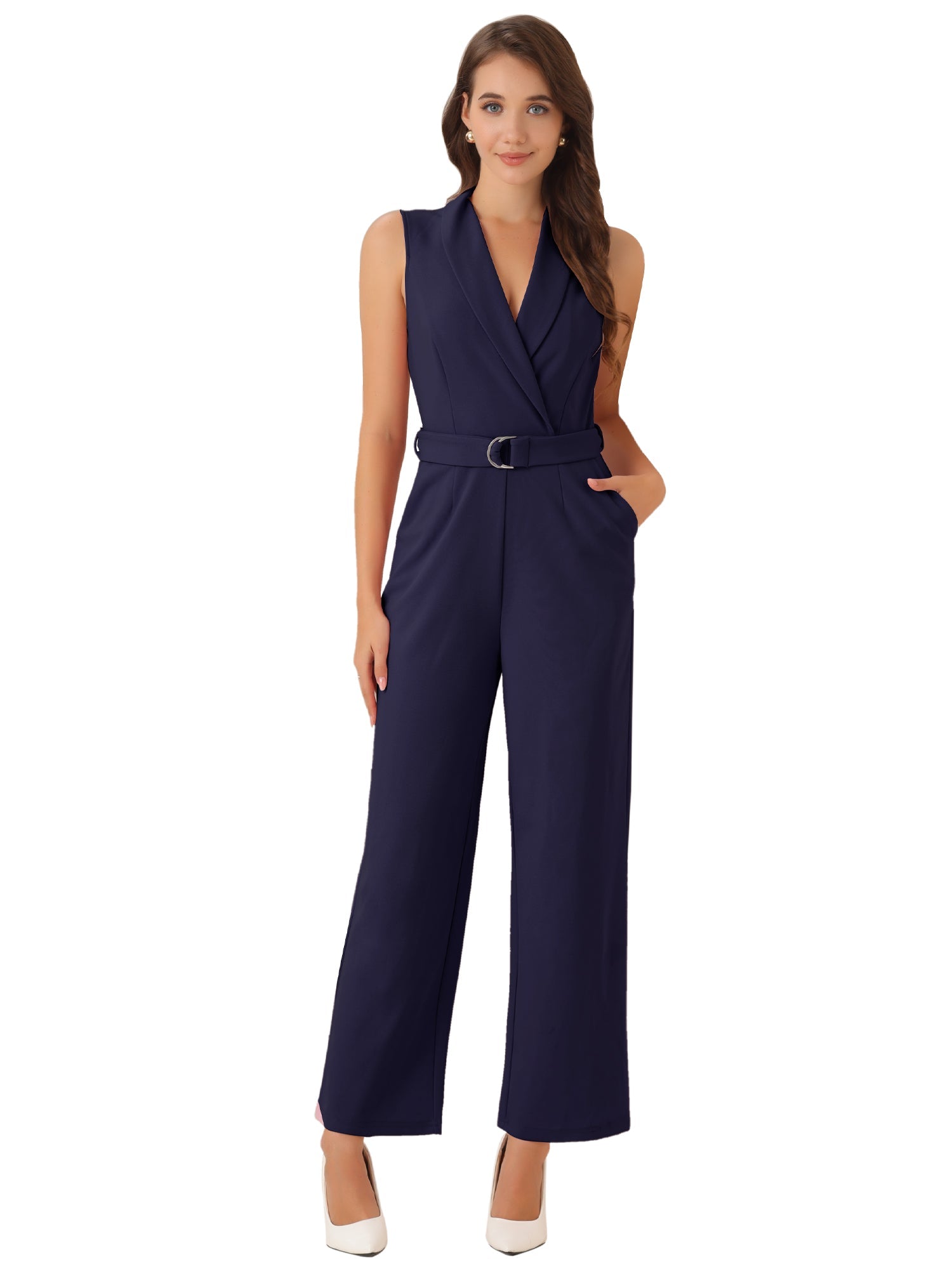 Elegant Office Work Sleeveless Belted Long Jumpsuit