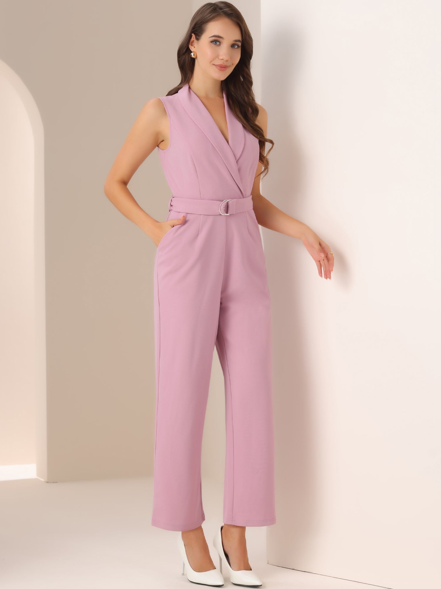 Elegant Office Work Sleeveless Belted Long Jumpsuit
