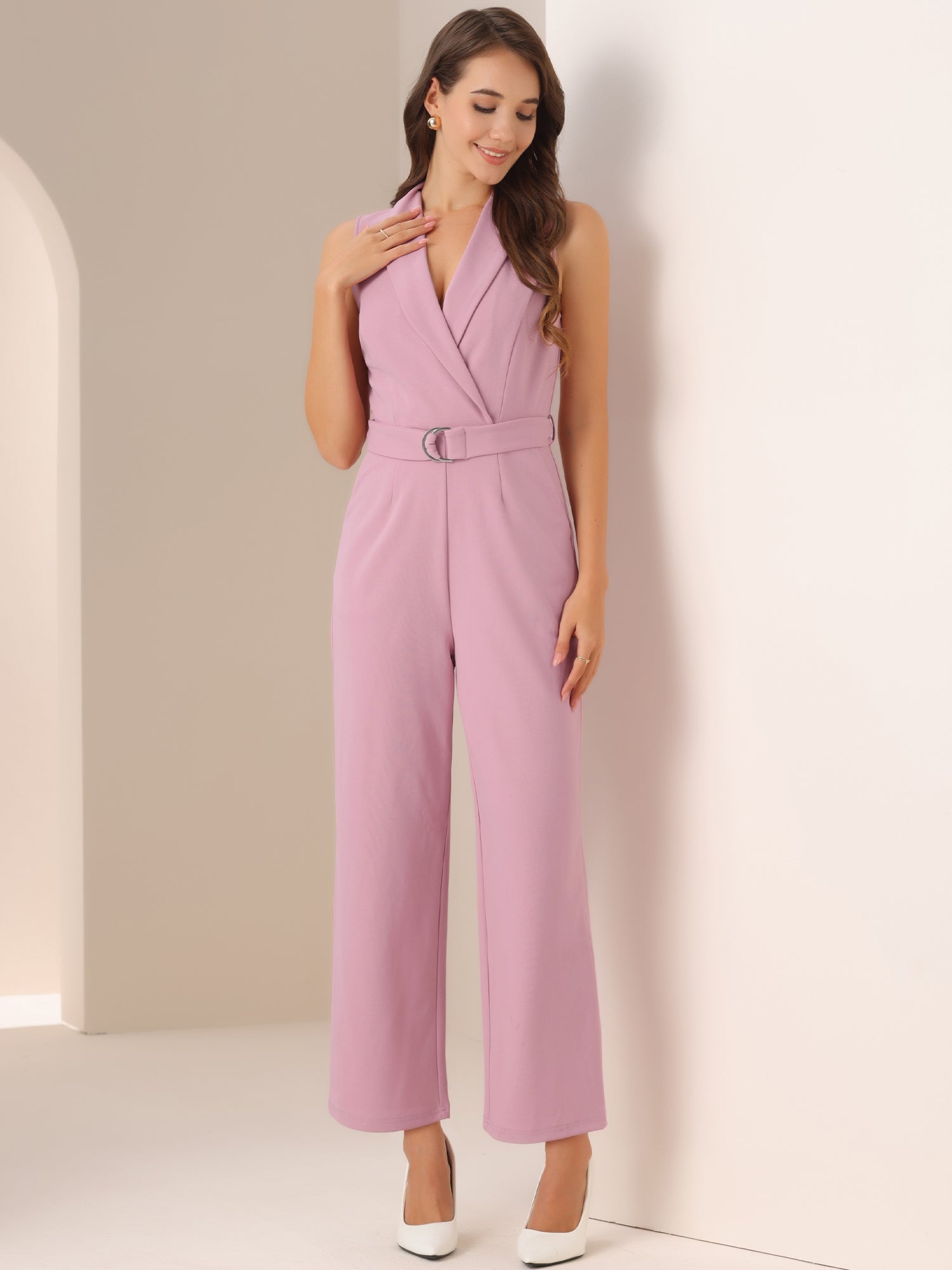 Elegant Office Work Sleeveless Belted Long Jumpsuit