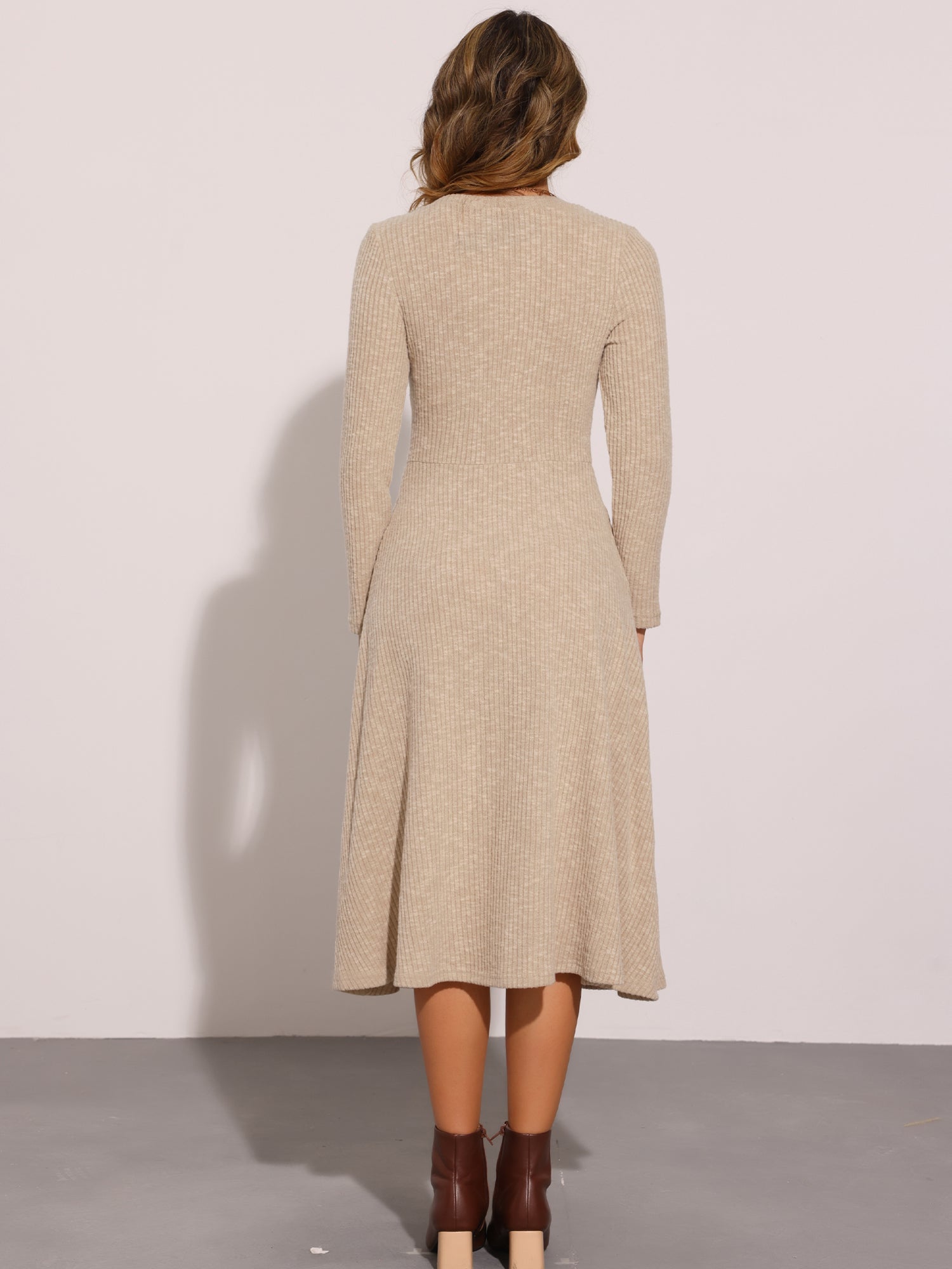 Casual Square Neck A-Line Pockets Midi Knitted Sweater Dress