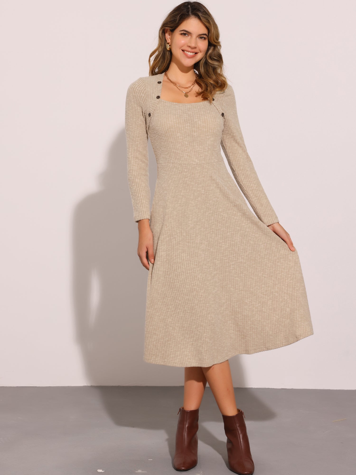 Casual Square Neck A-Line Pockets Midi Knitted Sweater Dress