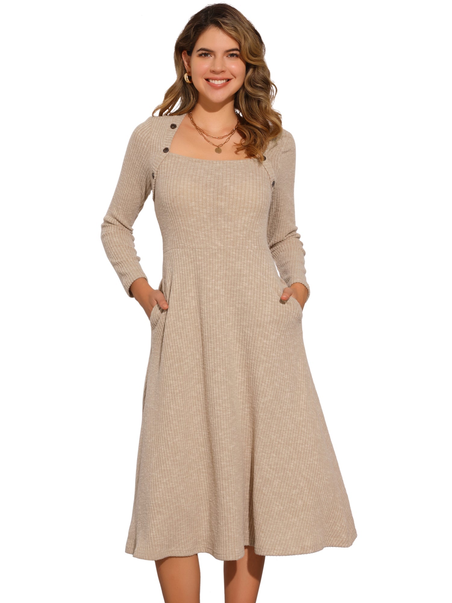 Casual Square Neck A-Line Pockets Midi Knitted Sweater Dress