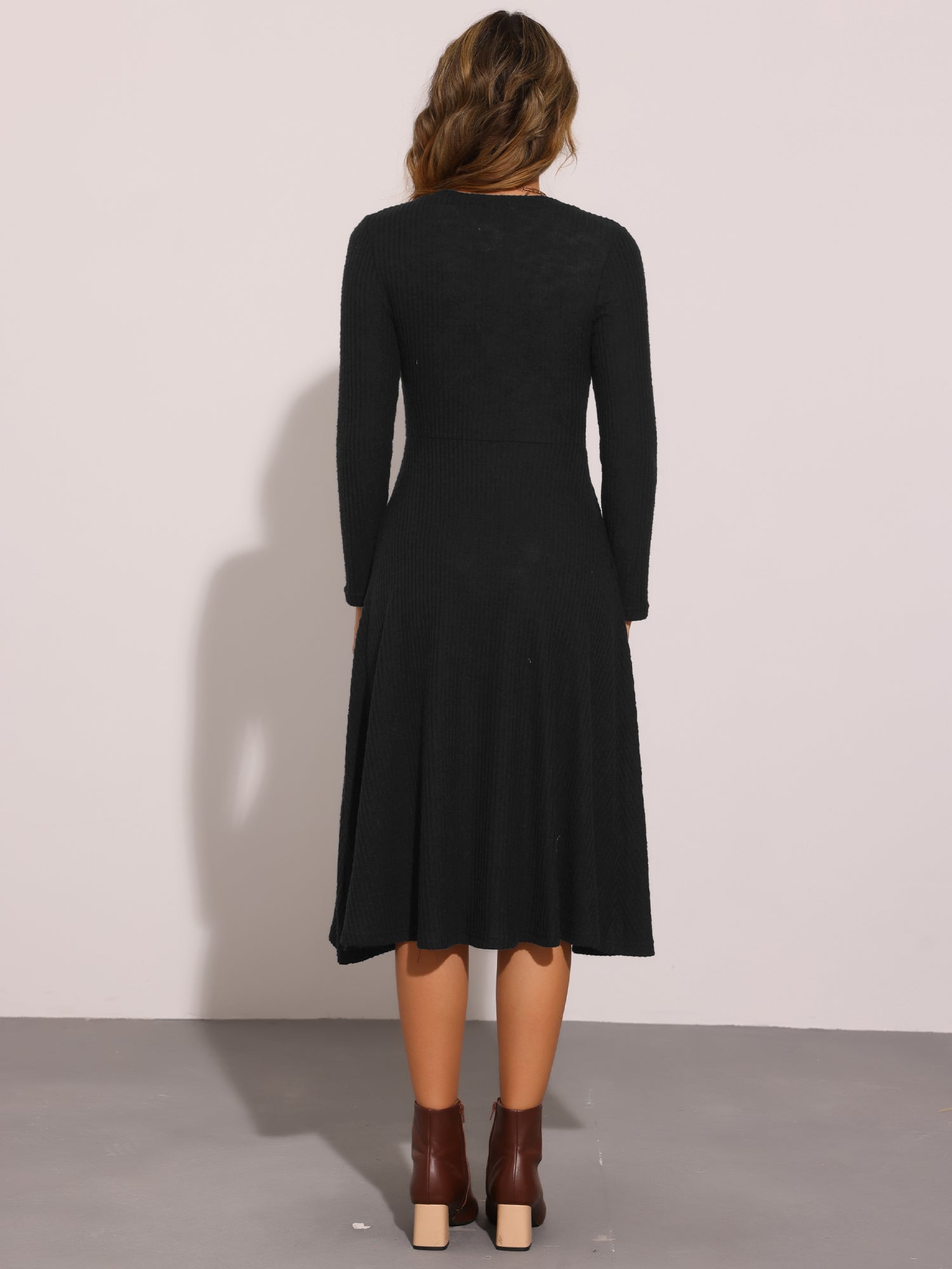Casual Square Neck A-Line Pockets Midi Knitted Sweater Dress
