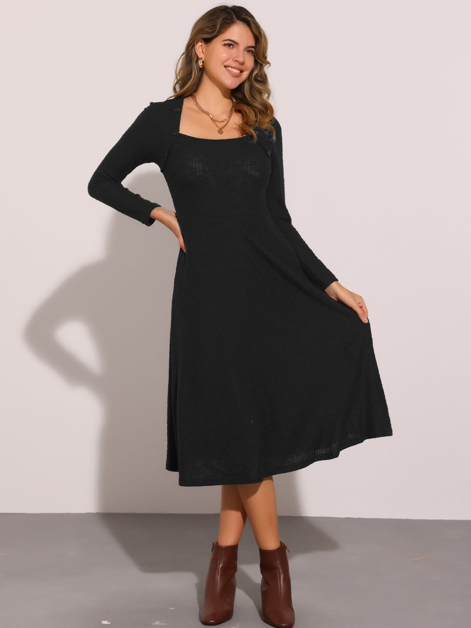 Casual Square Neck A-Line Pockets Midi Knitted Sweater Dress