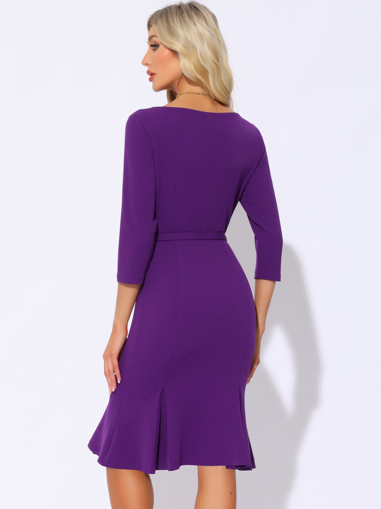 Business Elegant Boat Neck Half Sleeve Pleated Midi Solid Dress