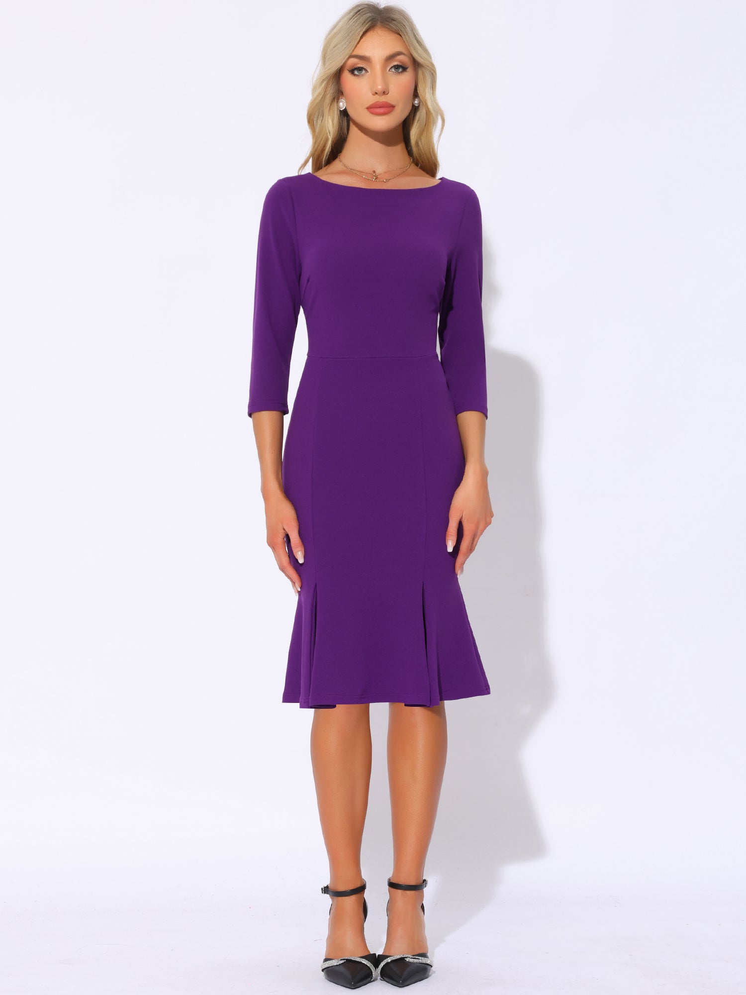 Business Elegant Boat Neck Half Sleeve Pleated Midi Solid Dress