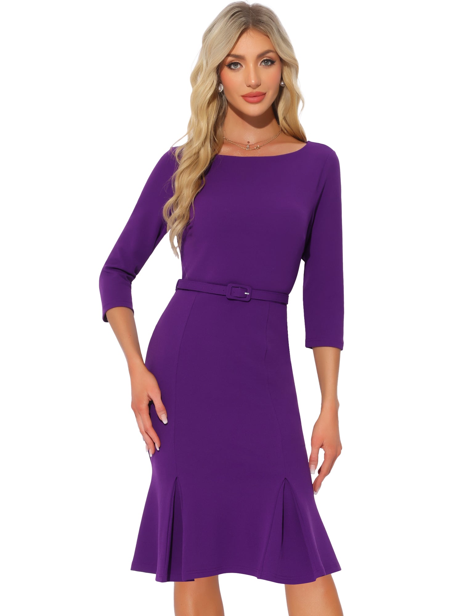 Business Elegant Boat Neck Half Sleeve Pleated Midi Solid Dress