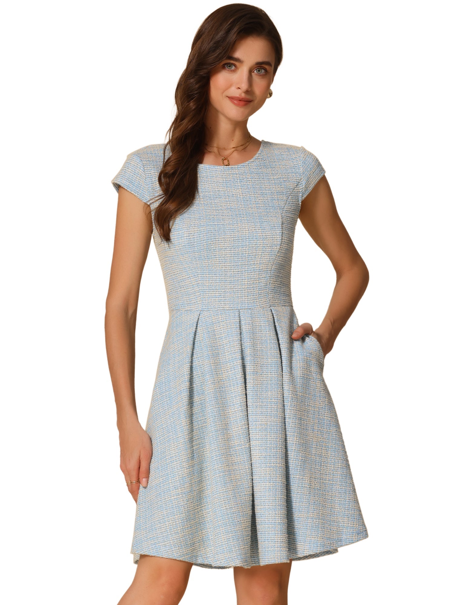 Plaid Tweed Round Neck Cap Sleeve A-Line Vintage Pleated Dress