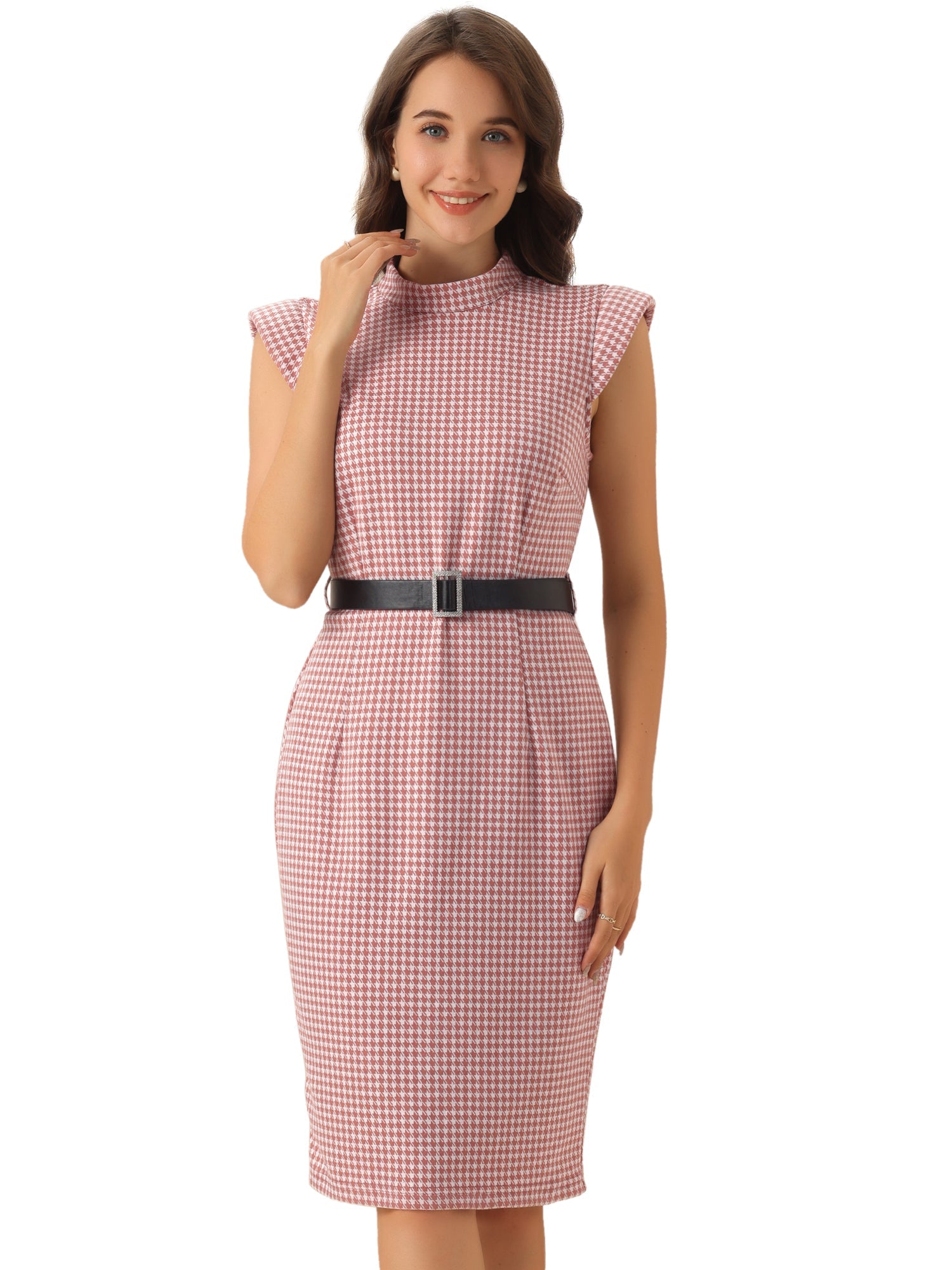 Houndstooth Cap Sleeve Belted Mock Neck Midi Sheath Dress
