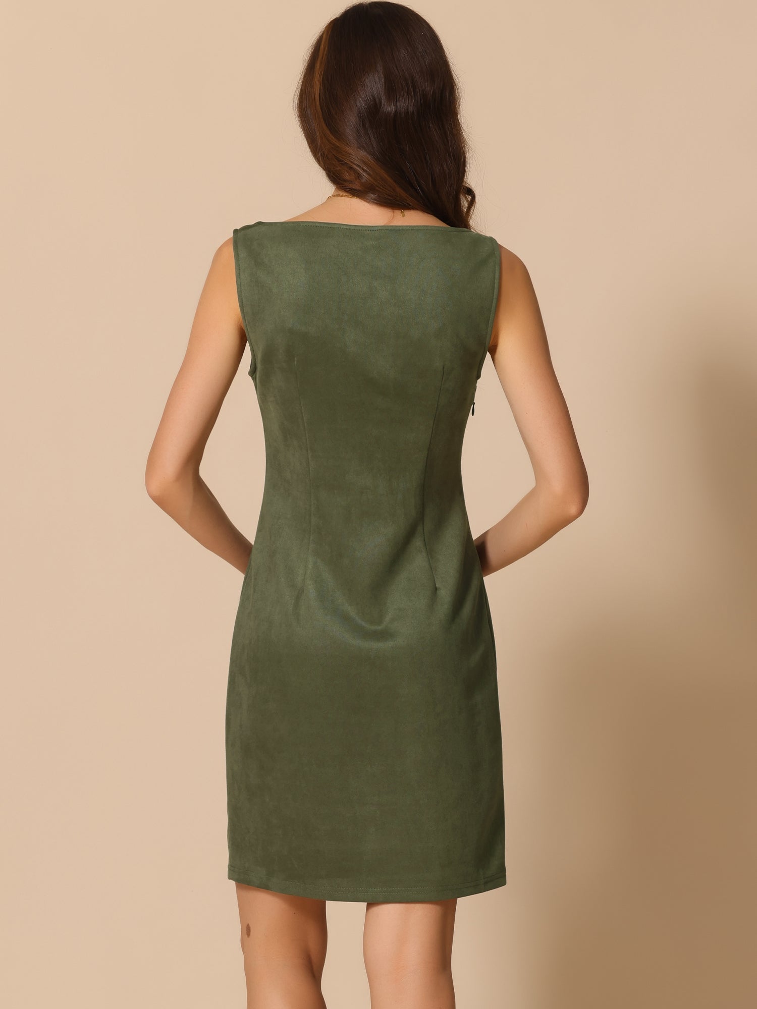 Faux Suede Boat Neck Sleeveless Sheath Midi Dress