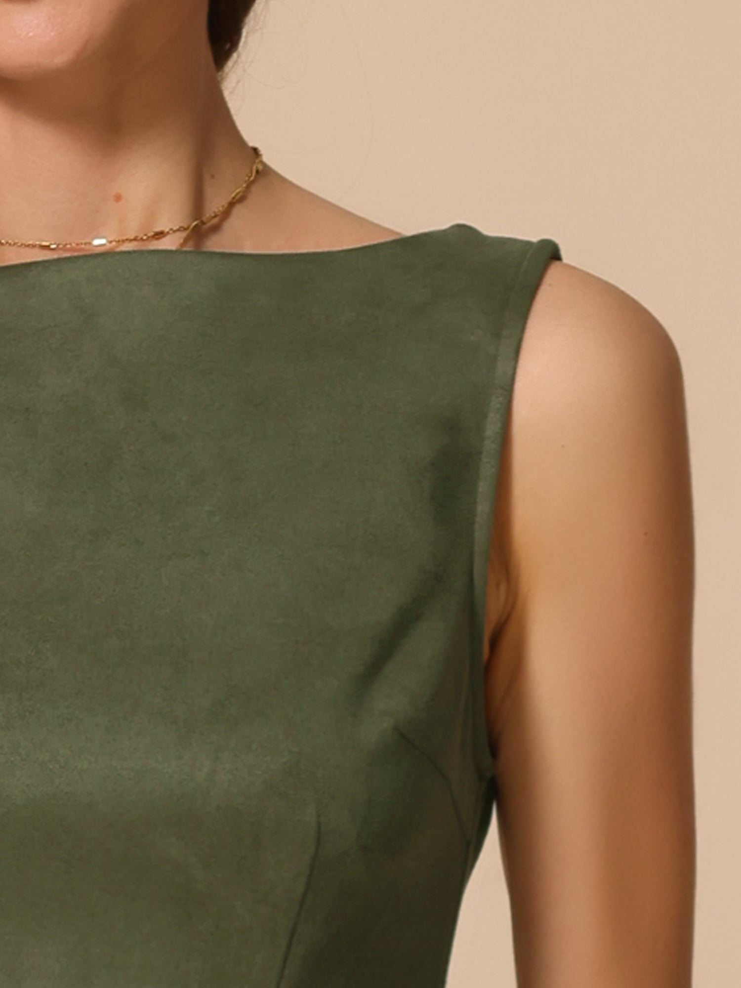 Faux Suede Boat Neck Sleeveless Sheath Midi Dress