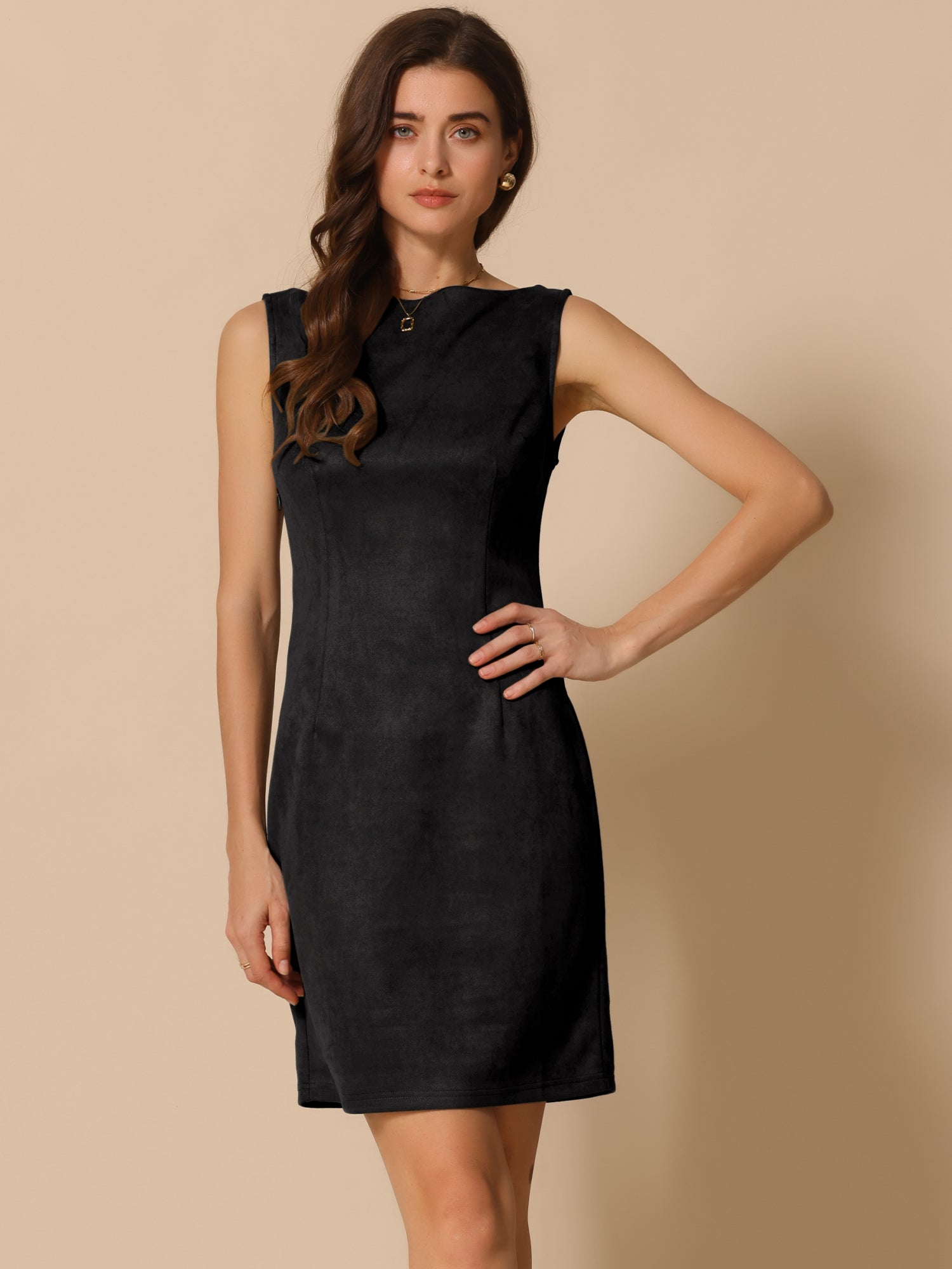 Faux Suede Boat Neck Sleeveless Sheath Midi Dress