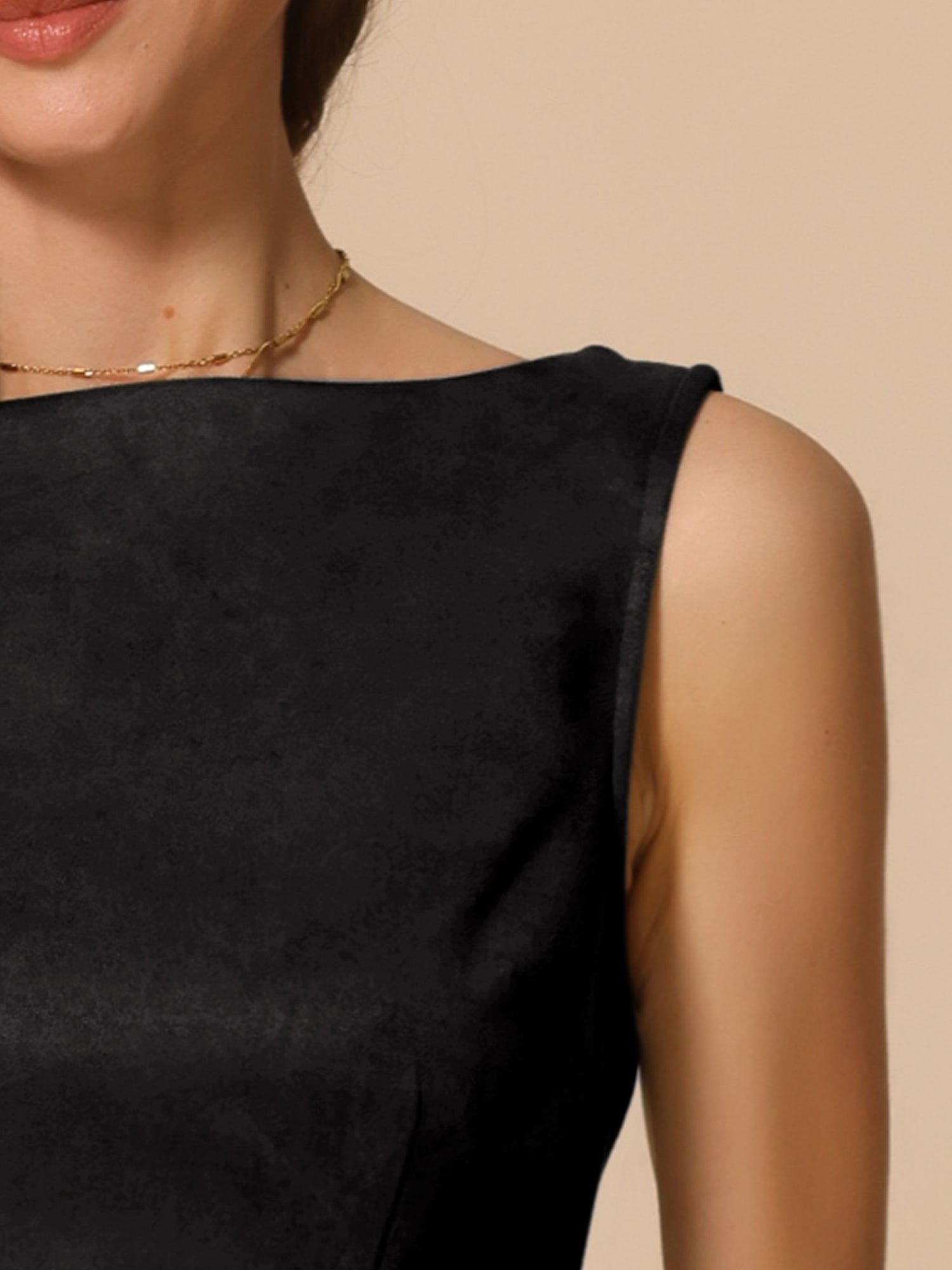 Faux Suede Boat Neck Sleeveless Sheath Midi Dress