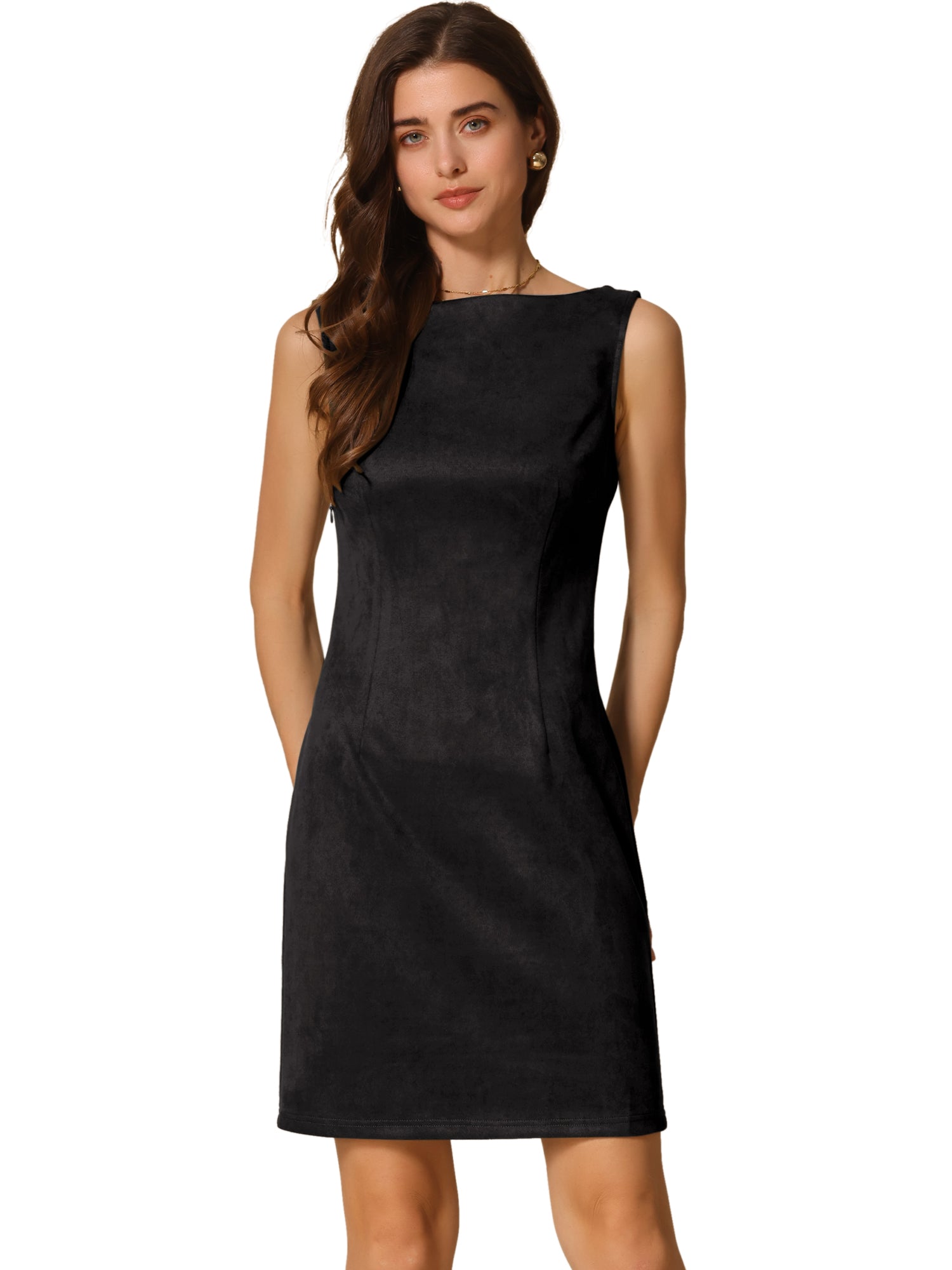 Faux Suede Boat Neck Sleeveless Sheath Midi Dress
