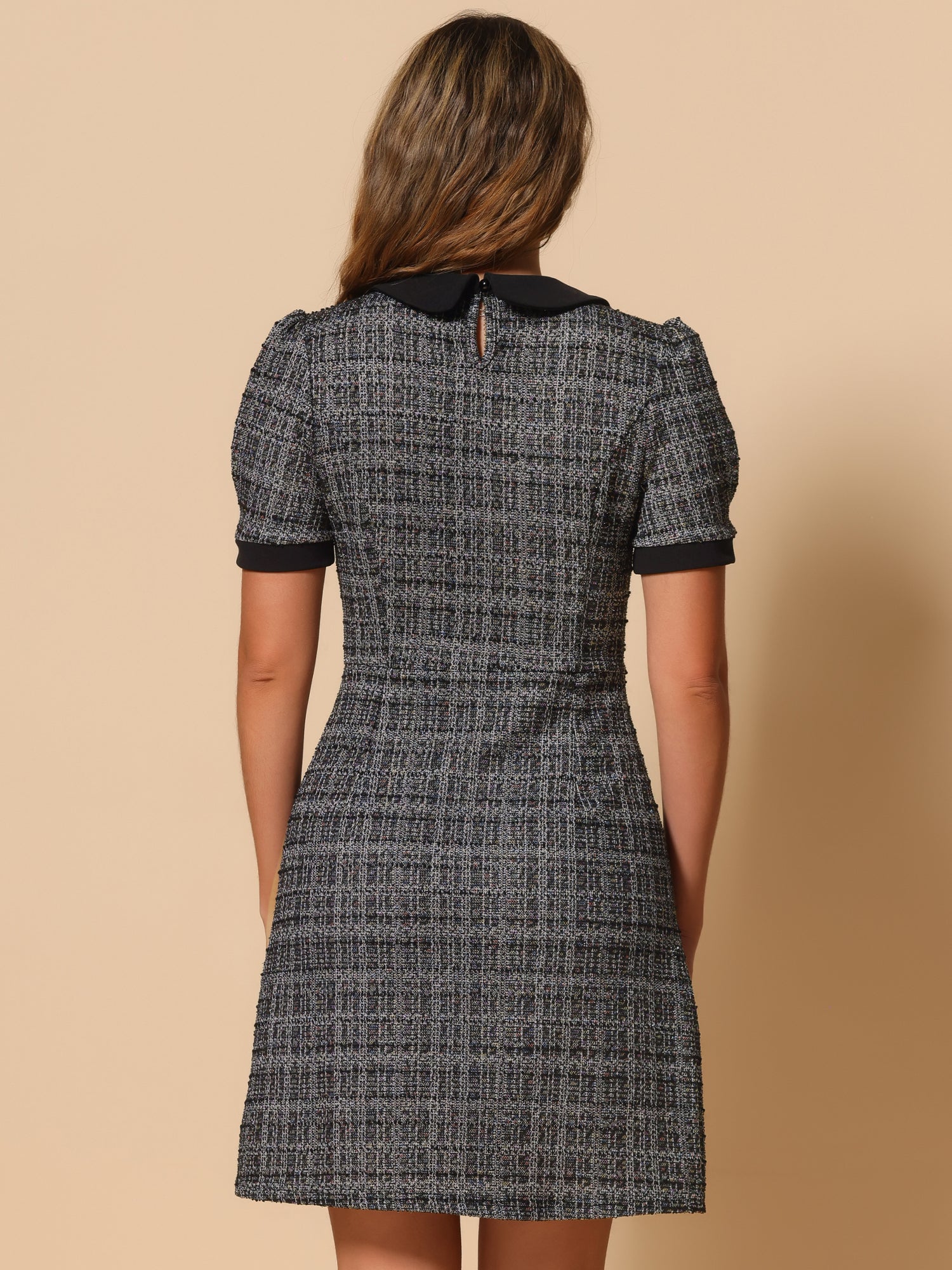 Tweed Peter Pan Collar Puff Short Sleeve A-line Midi Dress