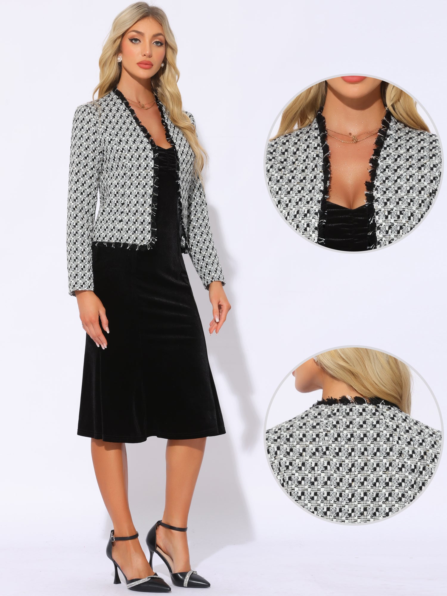 Plaid Tweed Long Sleeve Open Front Work Office Jacket