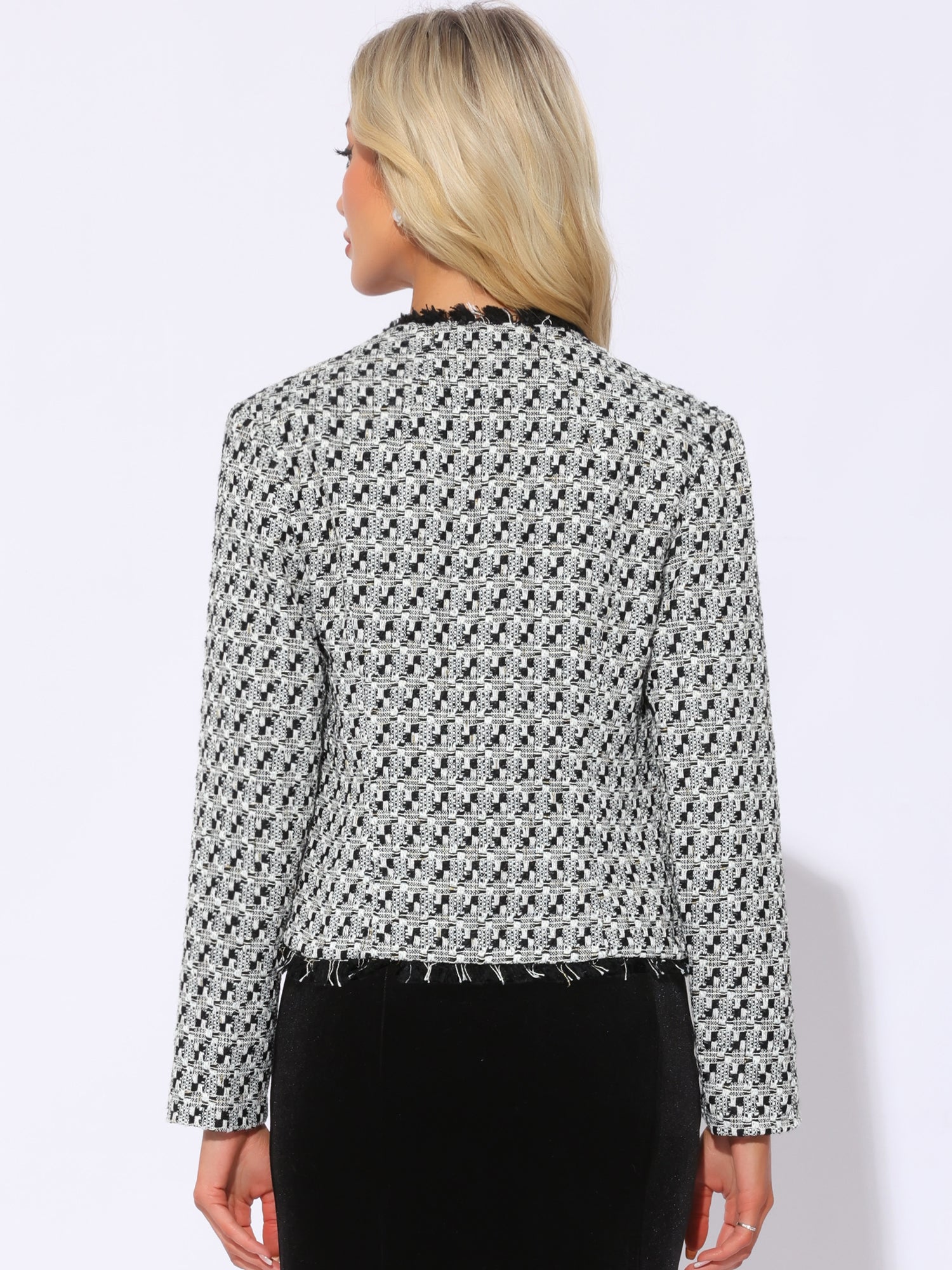 Plaid Tweed Long Sleeve Open Front Work Office Jacket