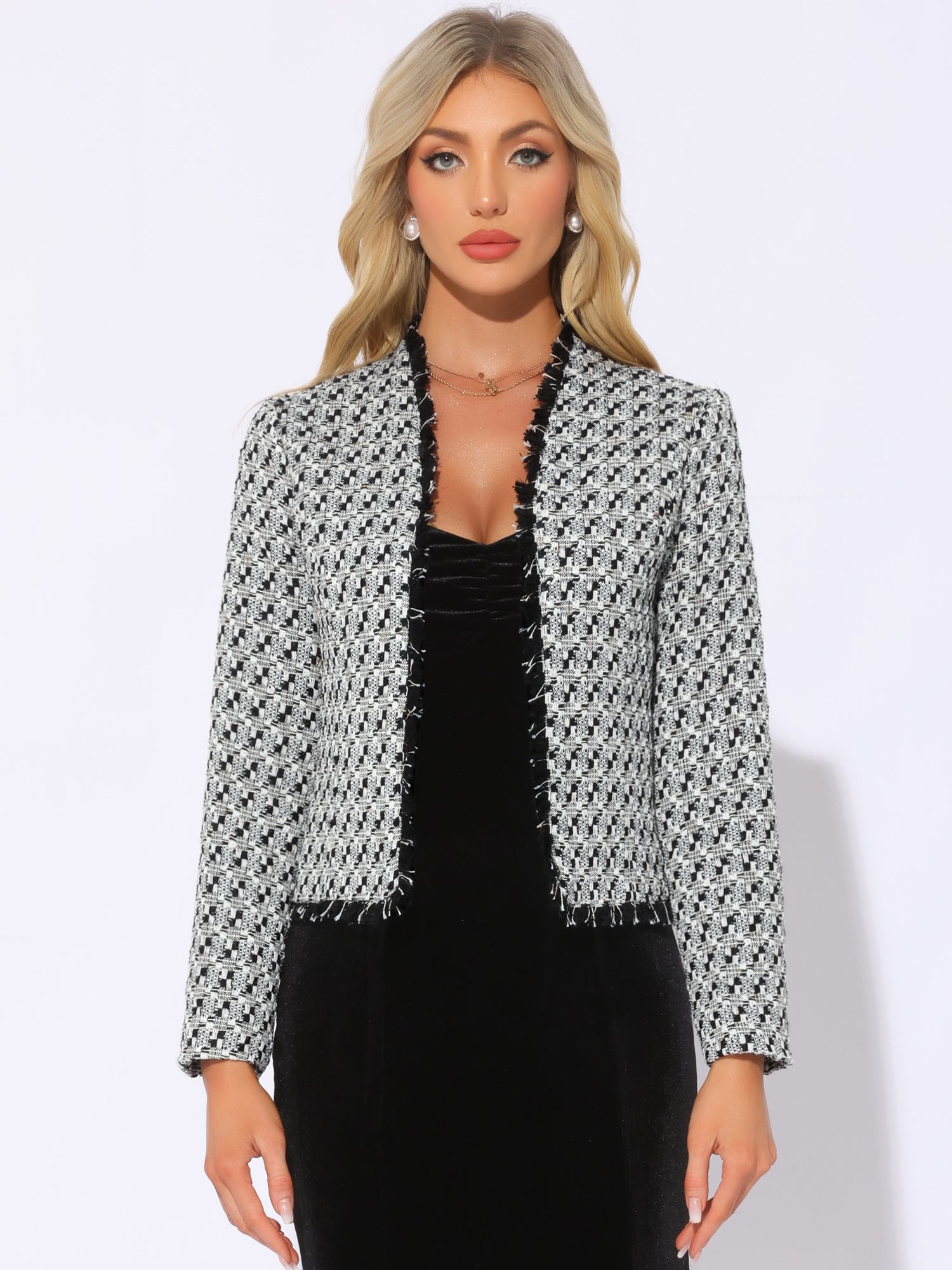 Plaid Tweed Long Sleeve Open Front Work Office Jacket
