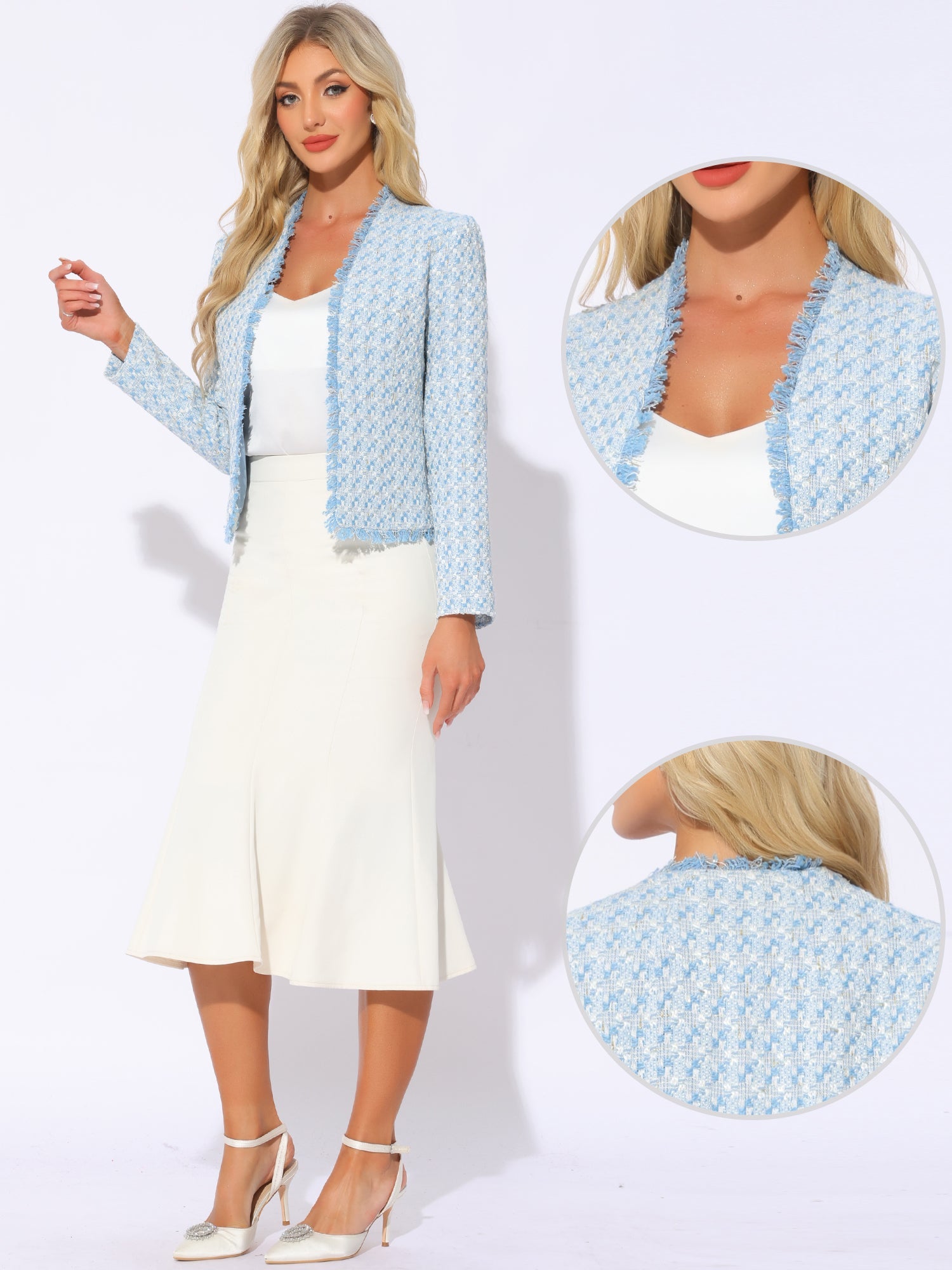 Plaid Tweed Long Sleeve Open Front Work Office Jacket