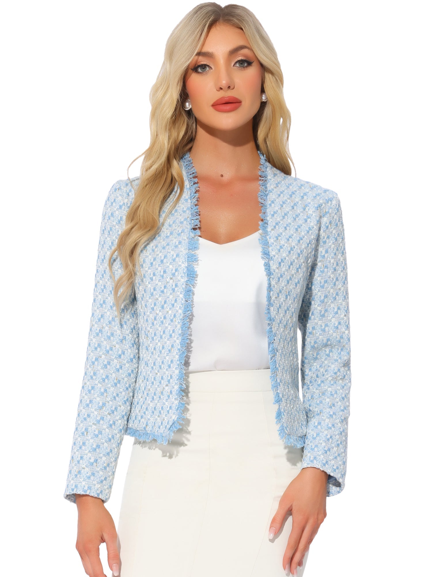 Plaid Tweed Long Sleeve Open Front Work Office Jacket