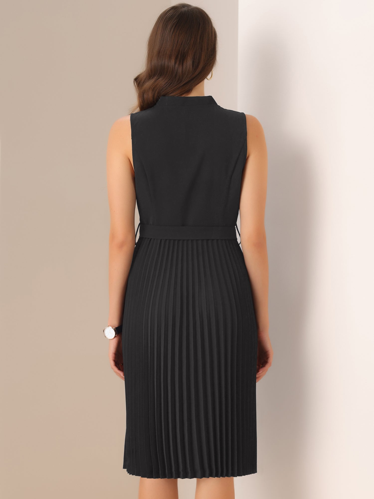 Sleeveless V Neck Belted A-line Midi Elegant Pleated Dress