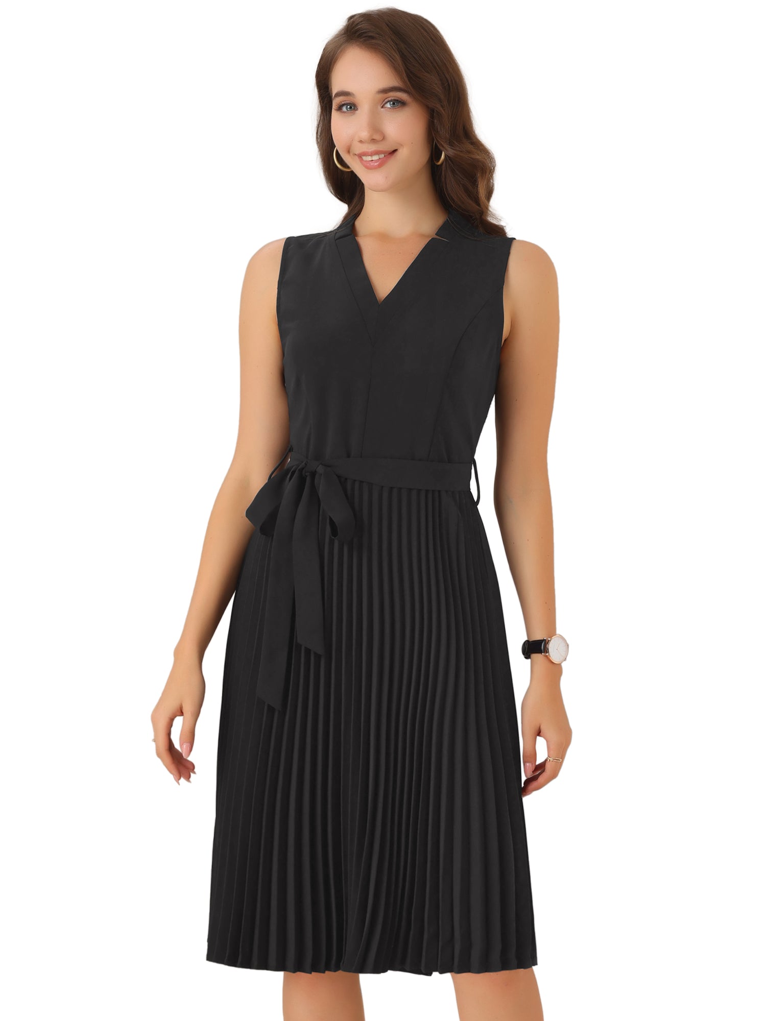 Sleeveless V Neck Belted A-line Midi Elegant Pleated Dress