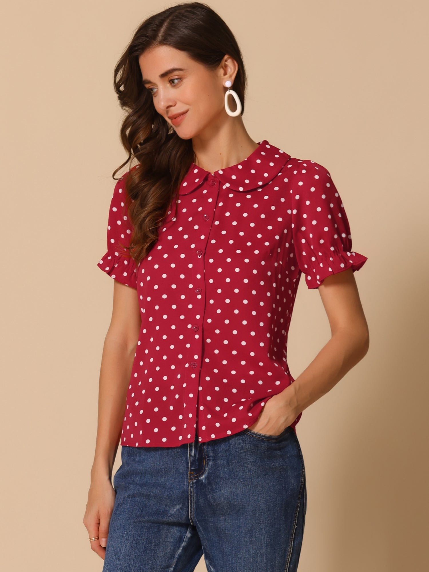 Polka Dot Short Puff Sleeve Button Up Peter Pan Collar Blouse