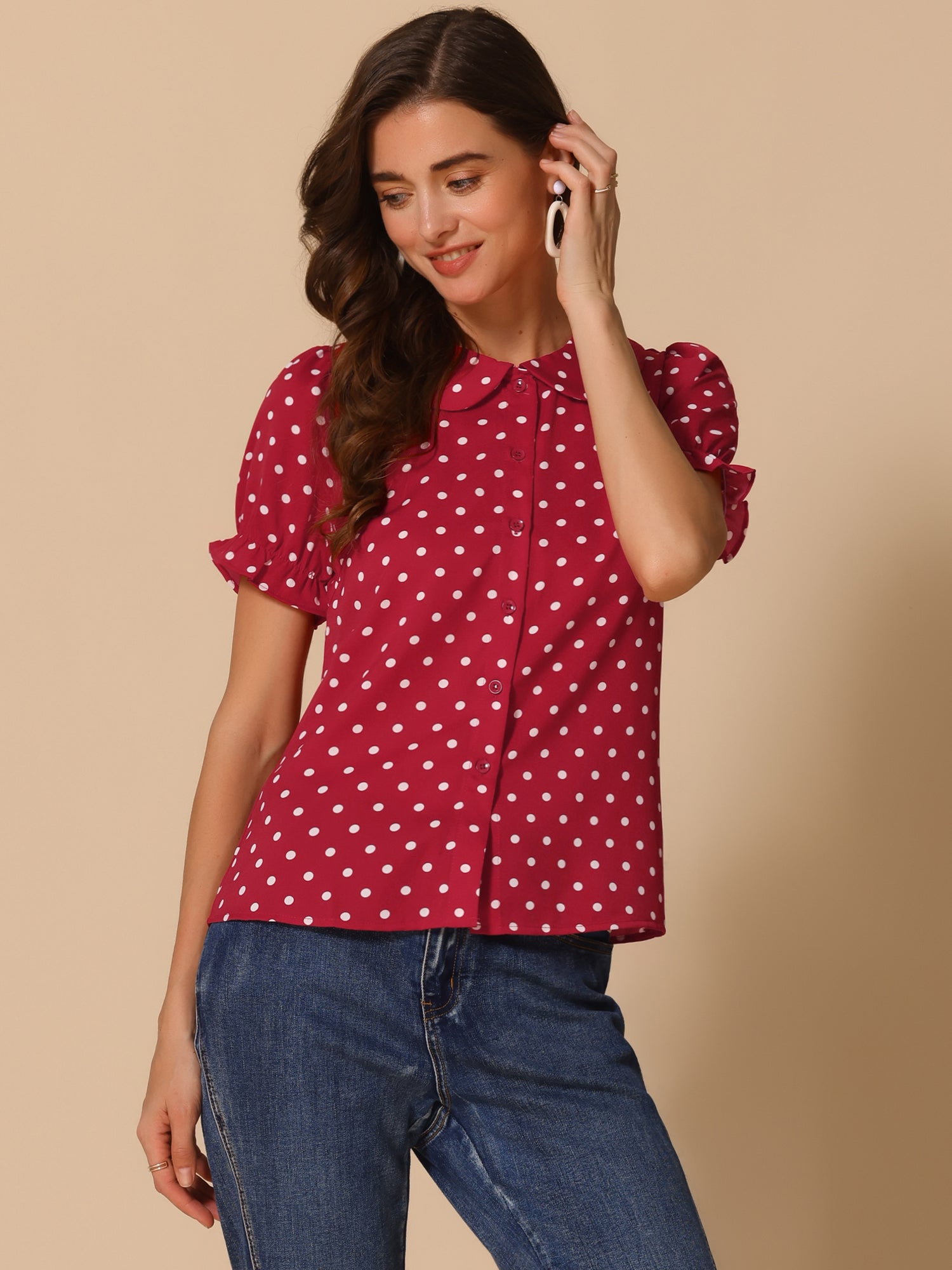 Polka Dot Short Puff Sleeve Button Up Peter Pan Collar Blouse