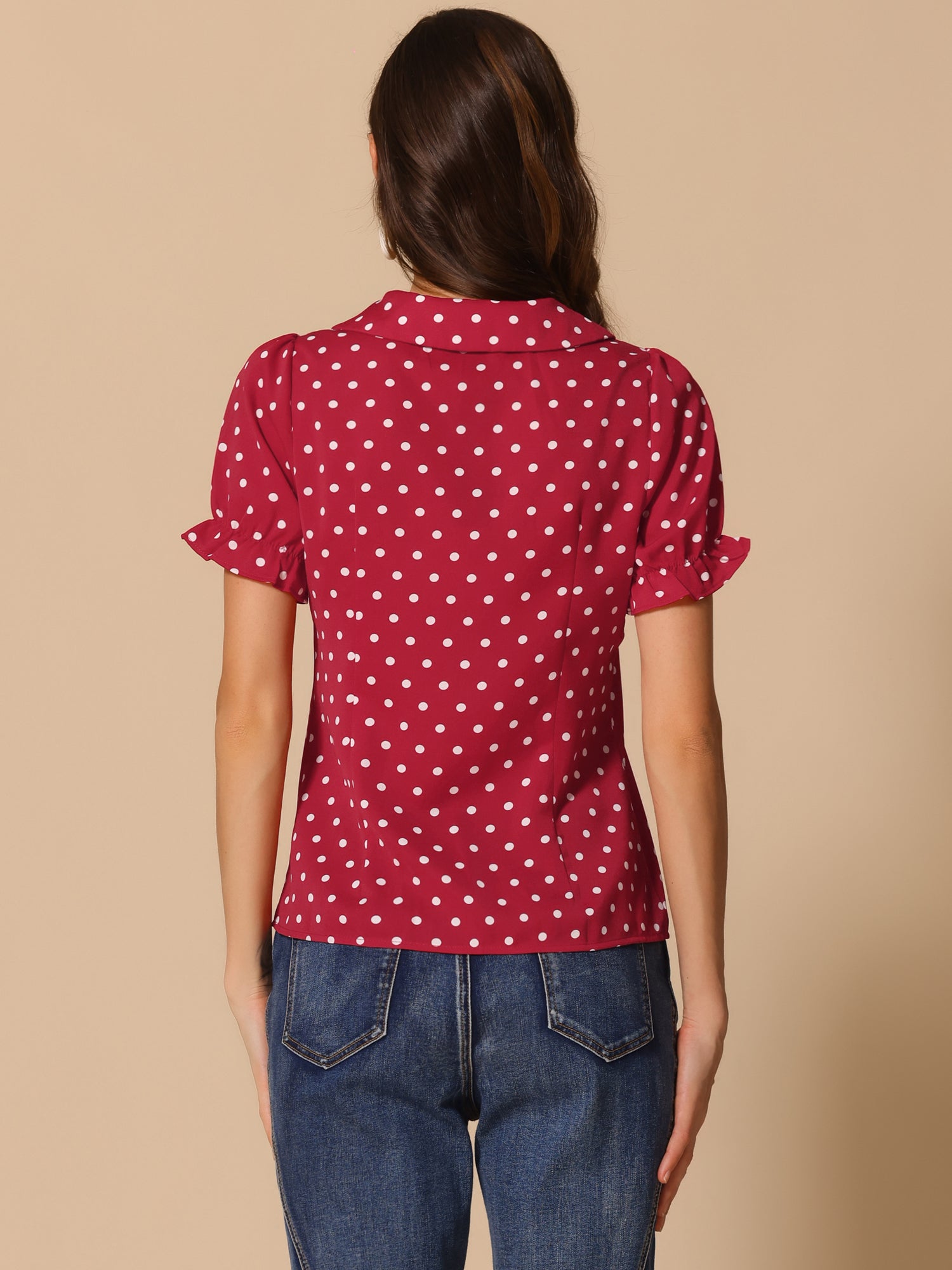Polka Dot Short Puff Sleeve Button Up Peter Pan Collar Blouse