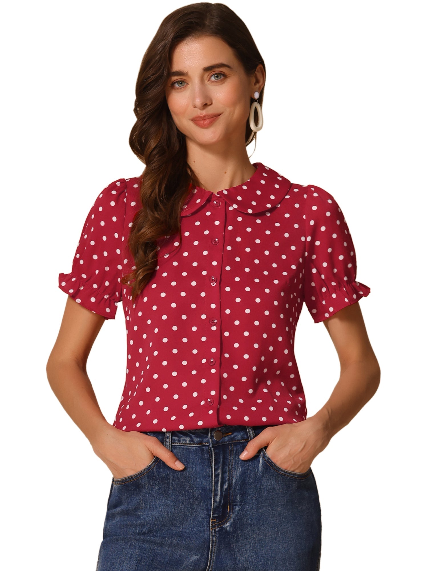 Polka Dot Short Puff Sleeve Button Up Peter Pan Collar Blouse