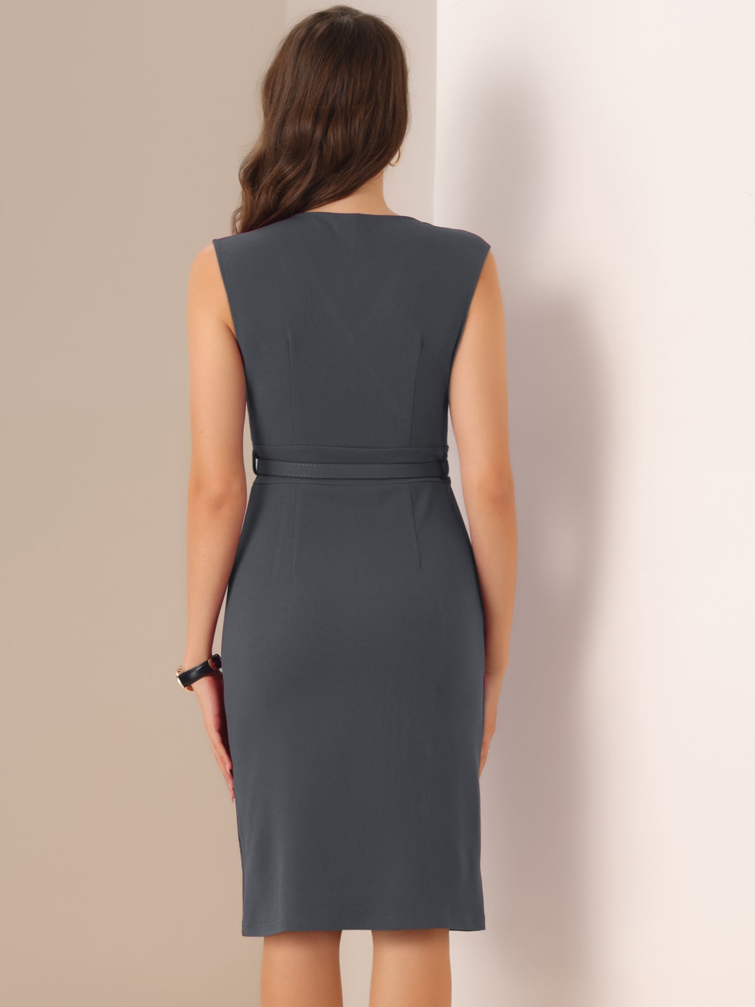 Solid Color V Neck Sleeveless Belted Business Office Midi Sheath Dress