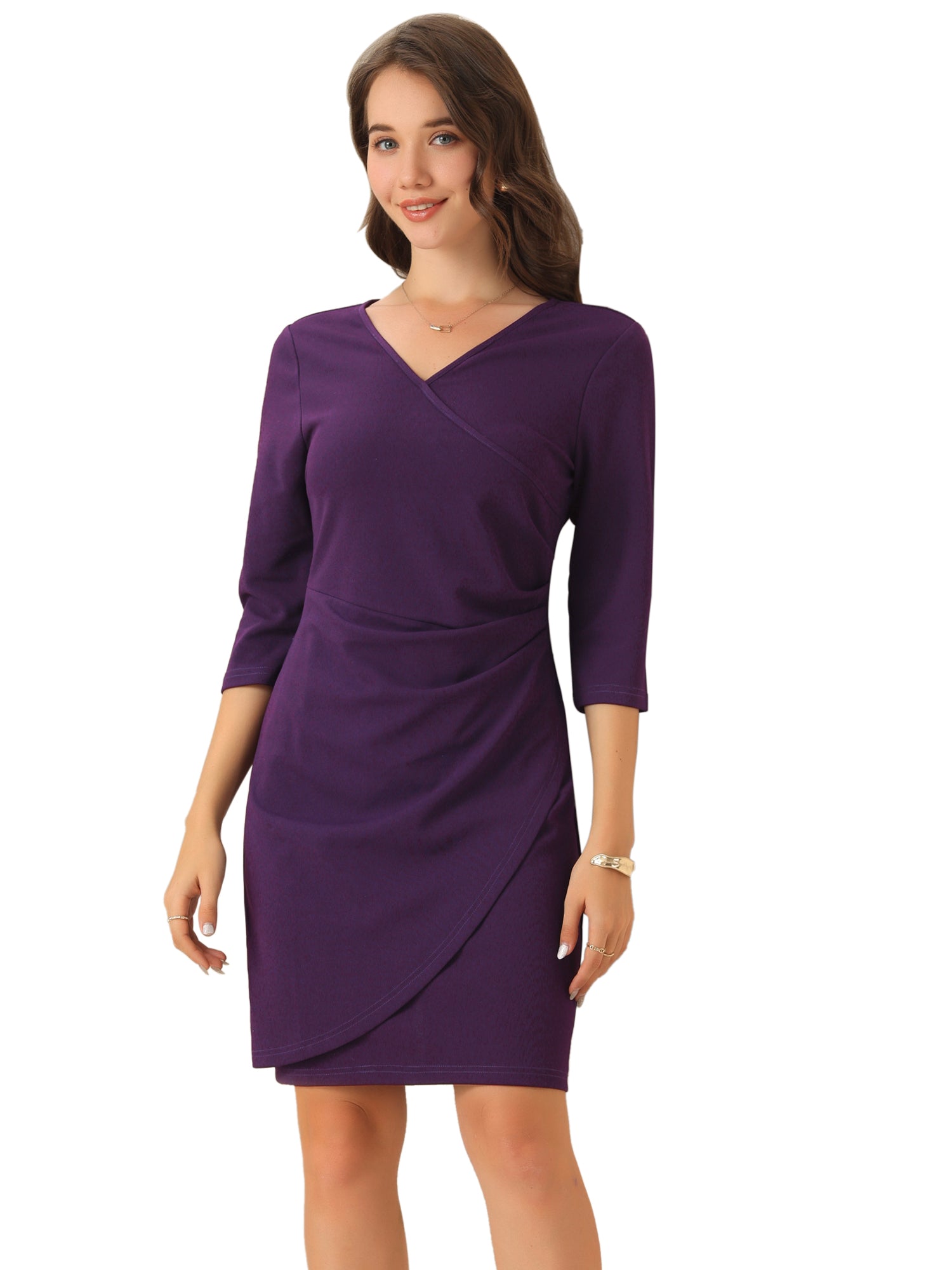 3/4 Sleeve Solid Color Ruched V Neck Midi Sheath Dress