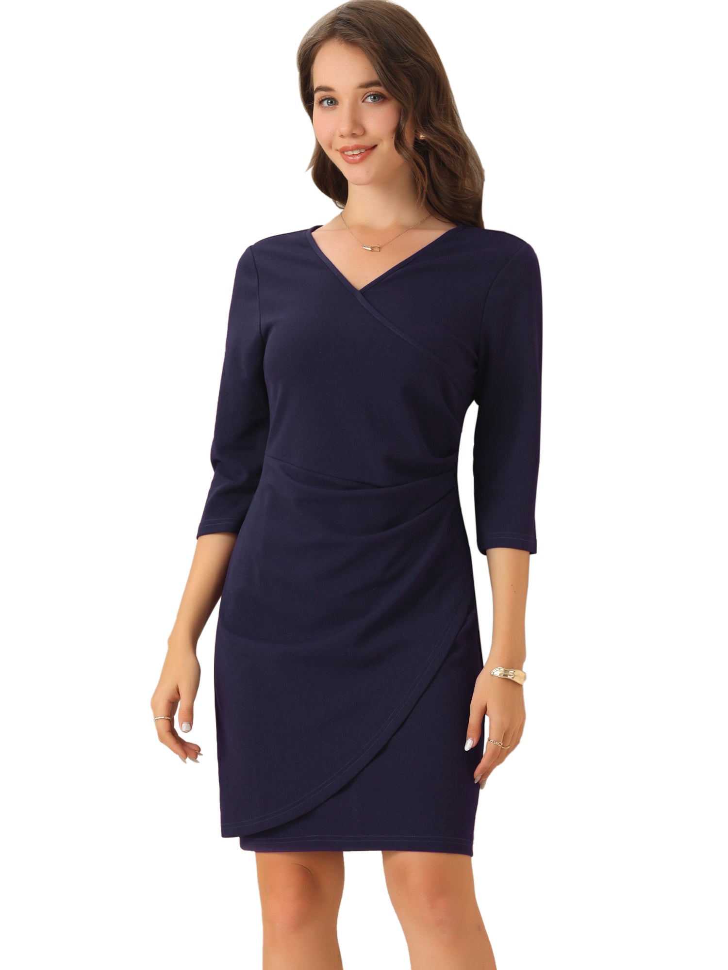 3/4 Sleeve Solid Color Ruched V Neck Midi Sheath Dress