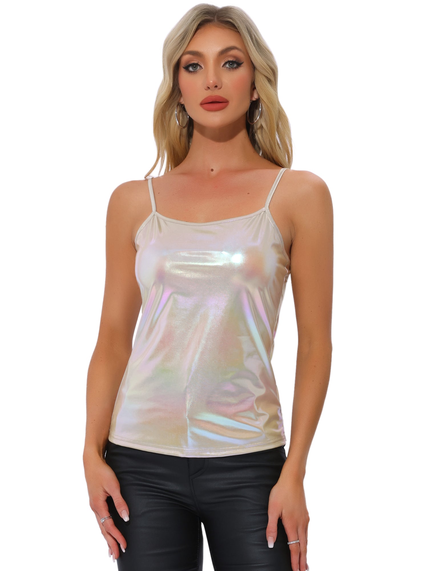 Holographic Cami Top Sleeveless Club Party Slim Fit Metallic Shirt